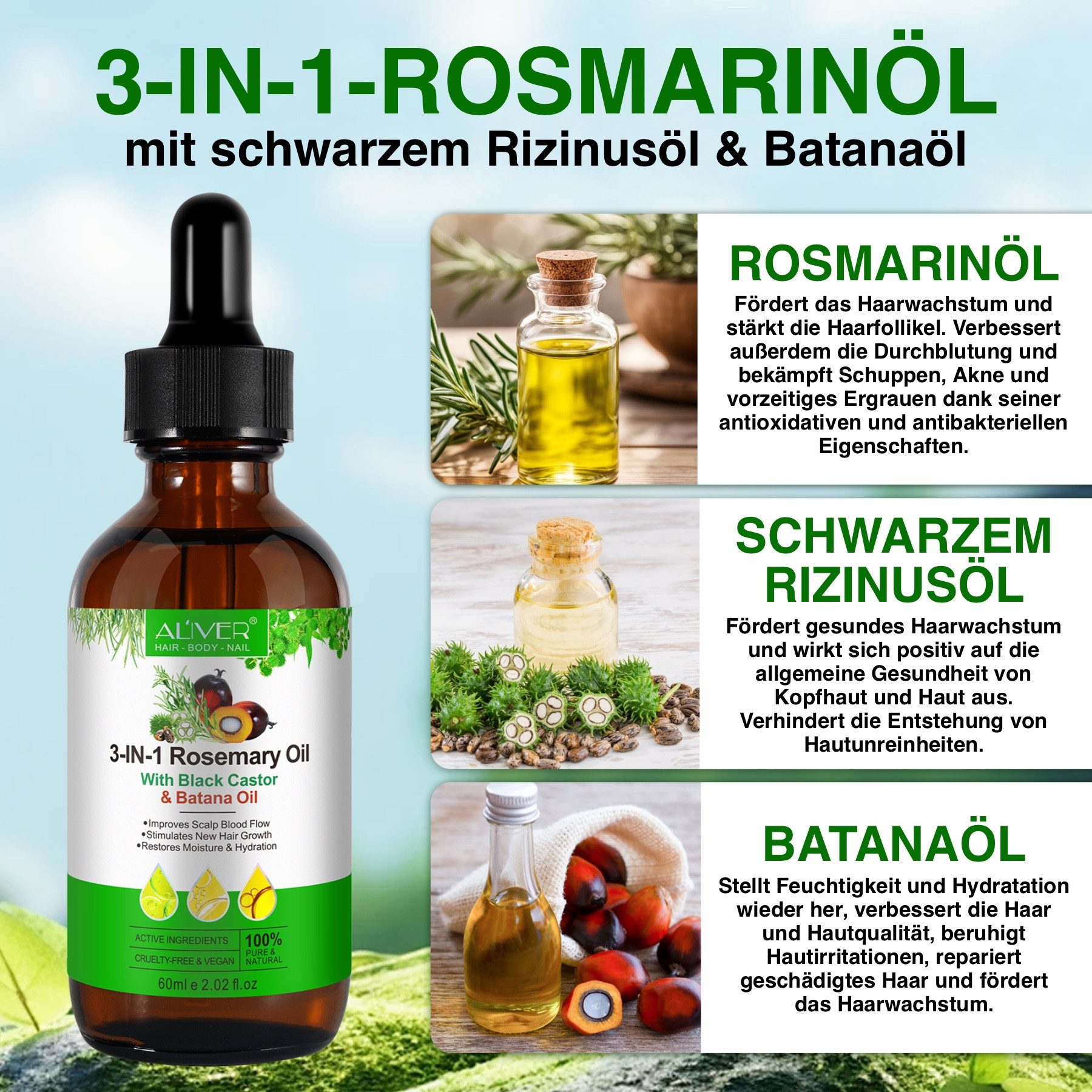 ALIVER Haaröl Rosmarinöl Ätherisches Öl Rizinusöl Batanaöl Haarpflege Massageöl, 3-tlg.