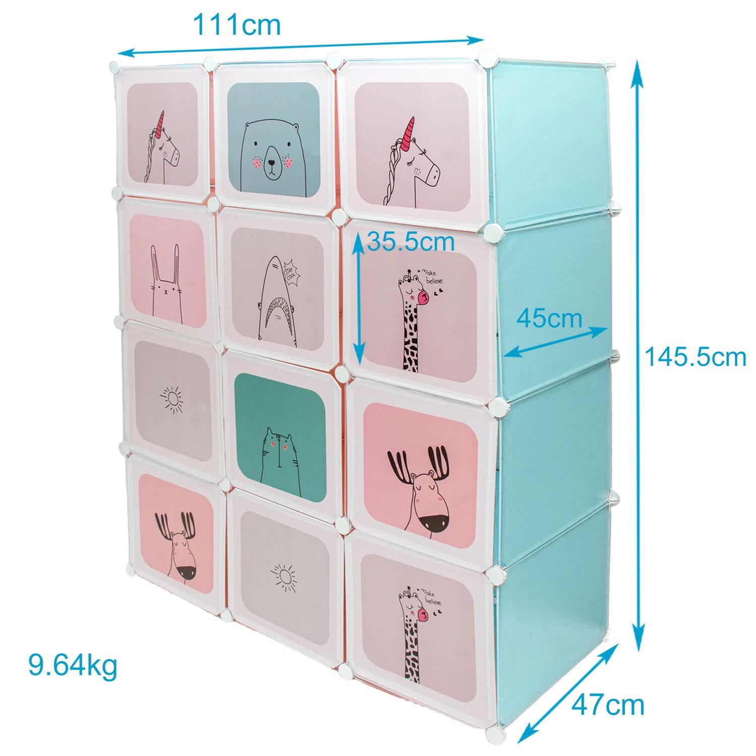 Intirilife Steckregal, 1-tlg., Kleiderschrank DIY Steckregal mit 12 Türen Kinder mit 2 Kleiderstangen
