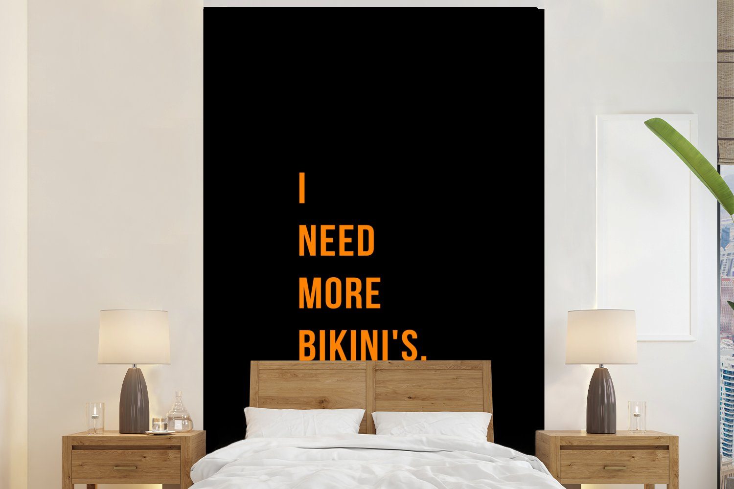 MuchoWow Fototapete Zitate - Ich brauche mehr Bikinis - Schwarz - Orange, Matt, bedruckt, (3 St), Montagefertig Vinyl Tapete für Wohnzimmer, Wandtapete | Fototapeten