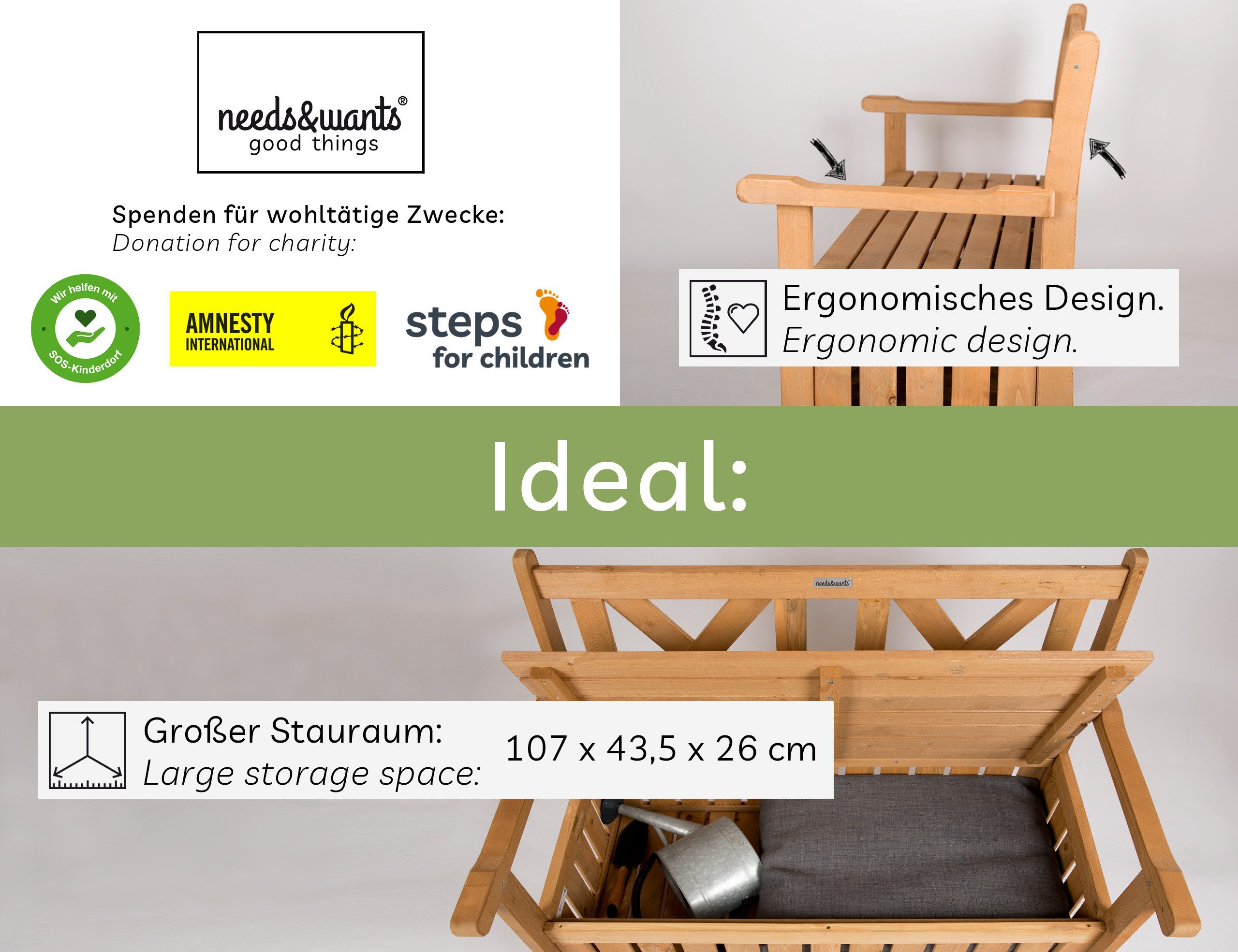 needs&wants® Gartenbank Holz wetterfest mit Stauraum, Truhenbank Holzbank Sitzbank Truhe braun, mit Textil Abdeckung 2-Sitzer Parkbank Garten Outdoor klassisch  – Bild 2 von 5