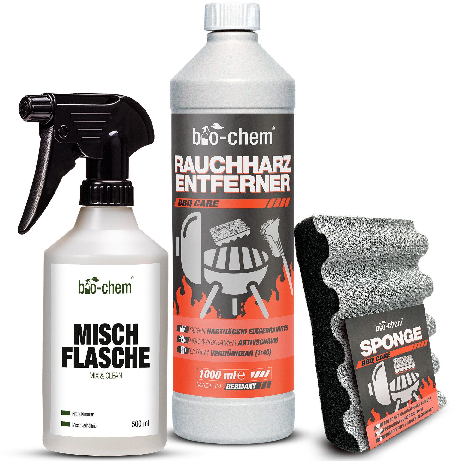 bio-chem Grillreiniger Rauchharzentferner extra stark gegen Eingebranntes 500ML Grillreiniger (Sparpaket, [- 1x Rauchharz-Entferner 1 L, 1x Mischflasche, 1x Grillschwamm Extreme Fettlösekraft für hartnäckigste Ablagerungen)