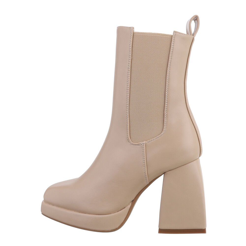 Ital-Design Damen Elegant High-Heel-Stiefelette Blockabsatz High-Heel Stiefeletten in Beige