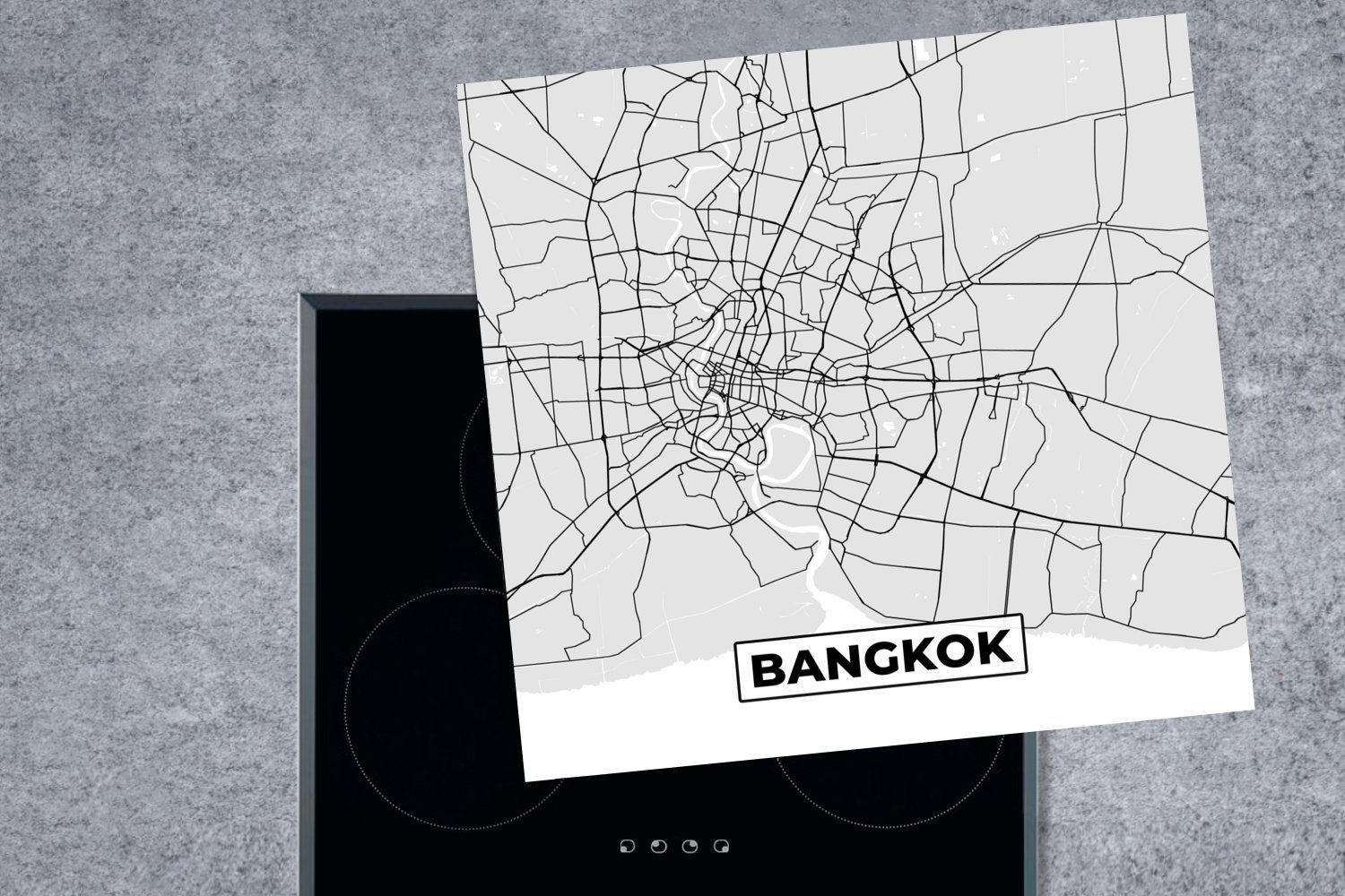 (1 Ceranfeldabdeckung, weiß und - Karte, 78x78 Stadtplan Bangkok für küche Herdblende-/Abdeckplatte - MuchoWow Schwarz Arbeitsplatte tlg), cm, Vinyl, -