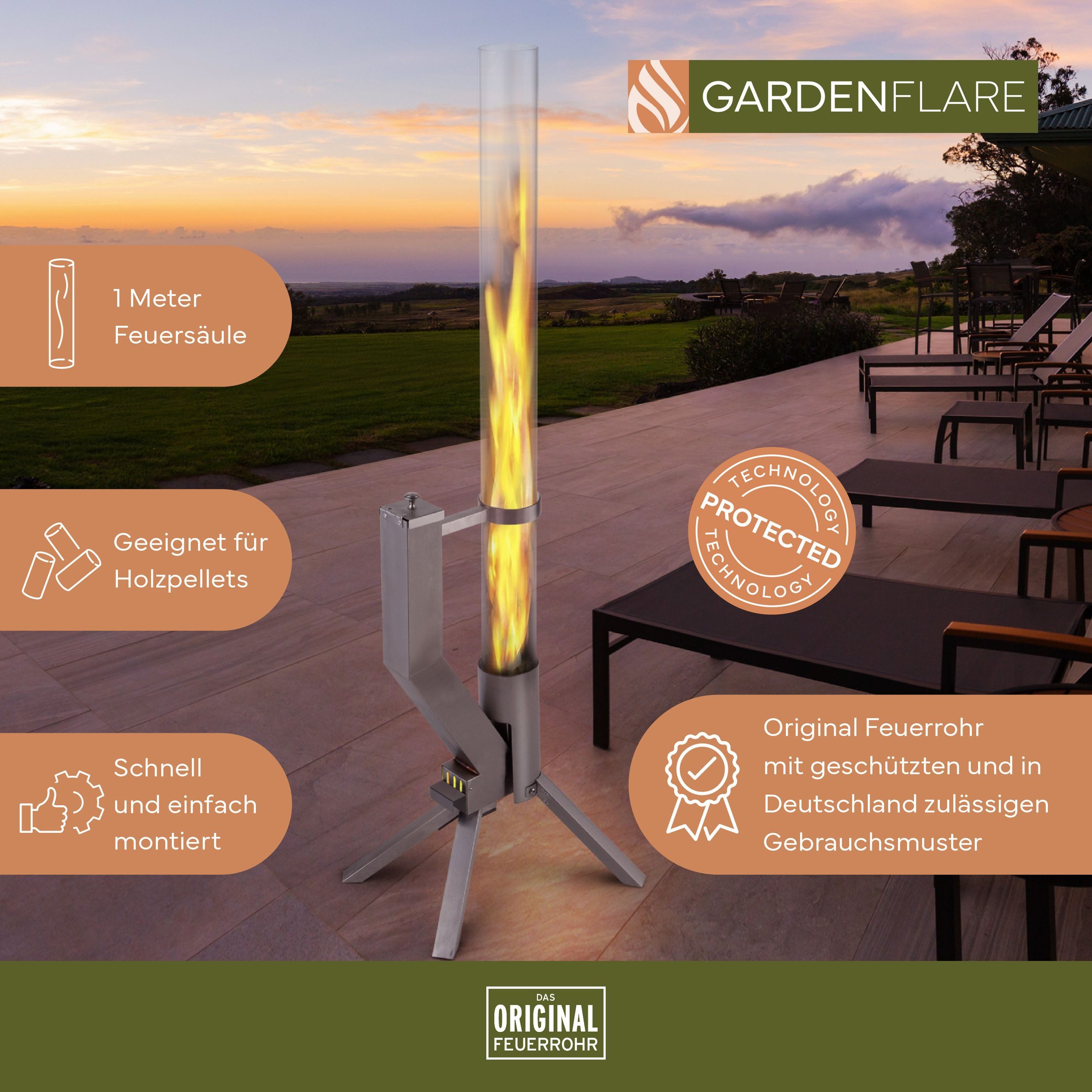 Gardenflare Gartenkamin /Feuerrohr elegante Edelstahl Feuersäule und Pelletfackel, Elegantes Design & Premium-Qualität