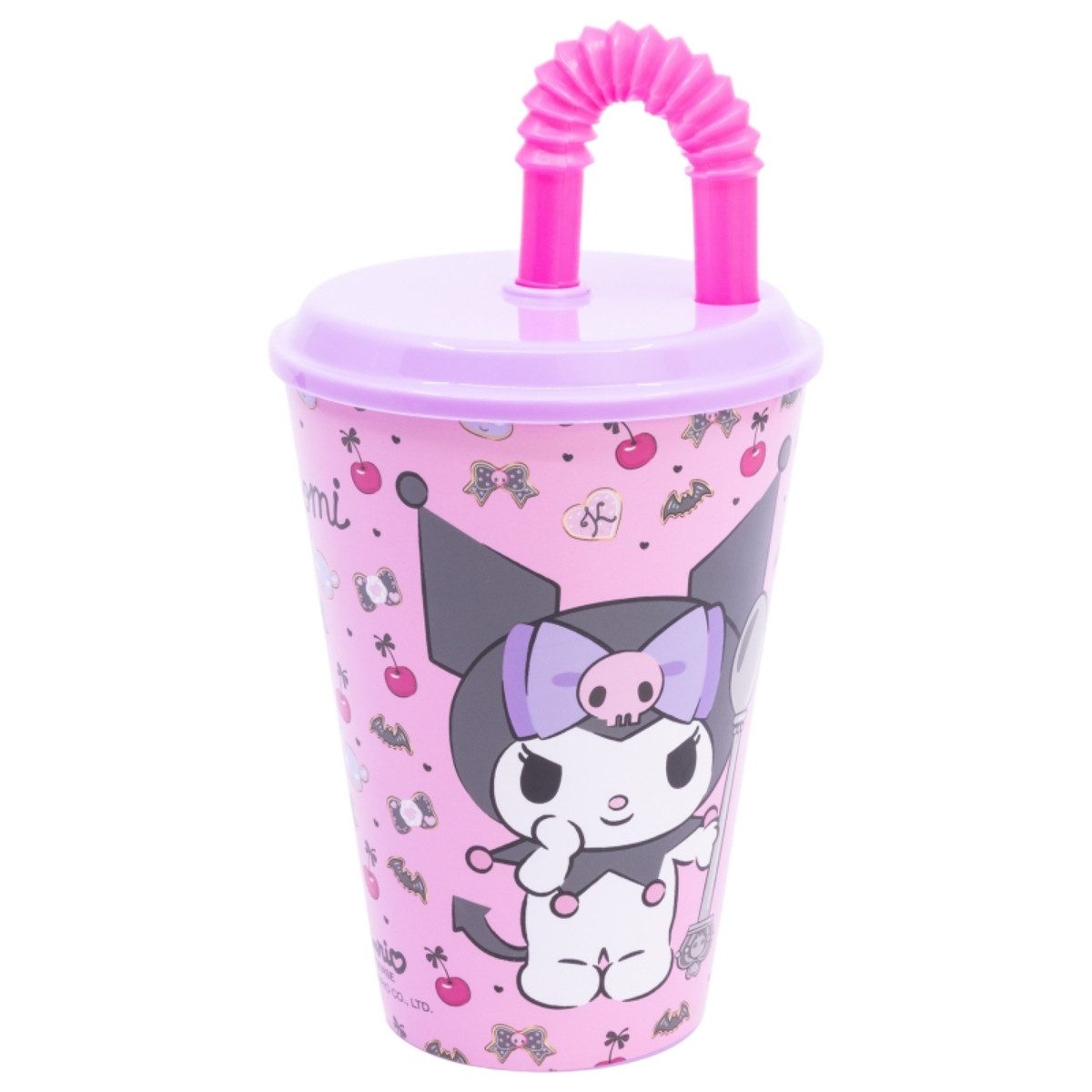Hello Kitty Becher Kuromi Trinkbecher 430 ml mit Deckel und Strohhalm, Polyethylen