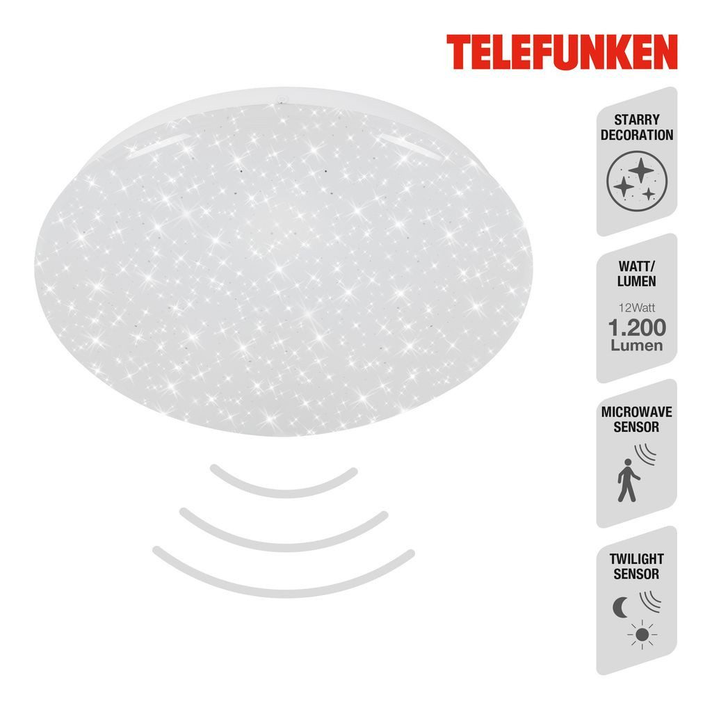 Telefunken LED Deckenleuchte 601706TF, Leuchtdauer einstellbar, LED fest integriert, 2700K - Extra-Warmweiß, Deckenleuchte Sensor Sternenhimmel 12W 1200lm 4000K Ø 27,7cm
