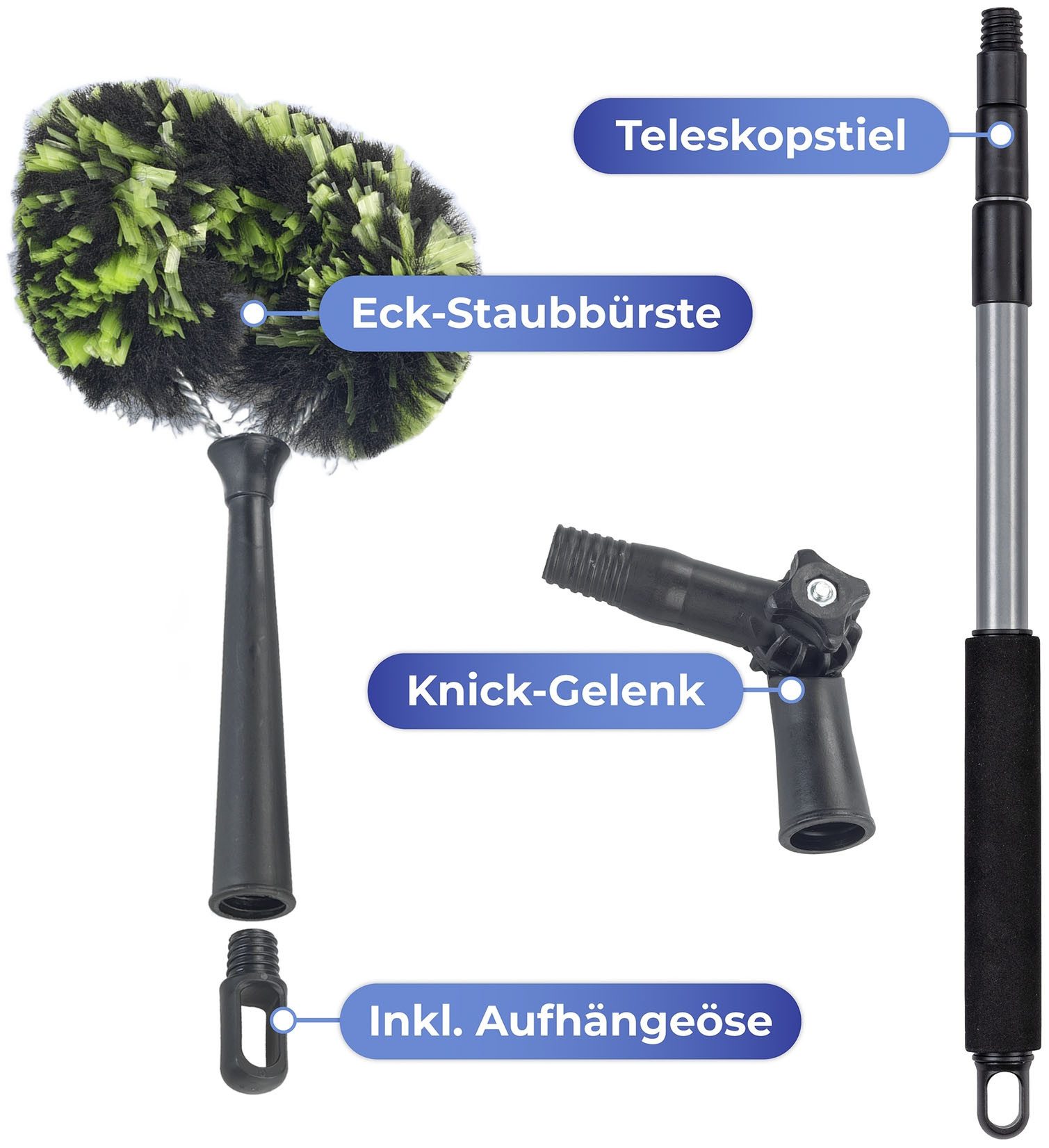 Maximex Staubwedel 3in1, Eck-Staubbürste, Teleskopstiel & Knickgelenk, Trocken- & Nassreinigung