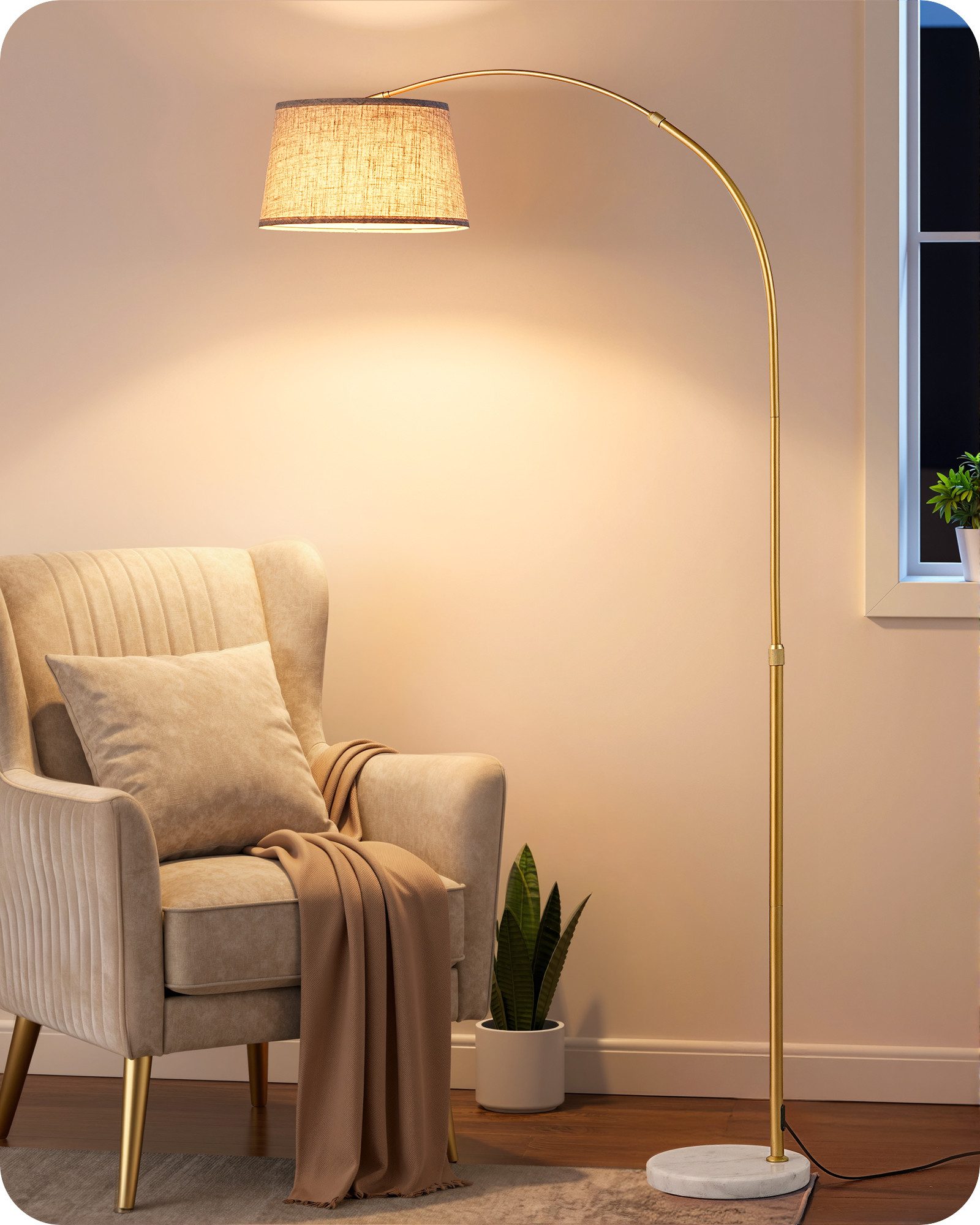 EDISHINE Stehlampe Wohnzimmer dimmbar, 143-176cm Höhenverstellbar, LED wechselbar, kaltweiß bis warmweiß dimmbar, LED Bogenlampe mit Fernbedienung