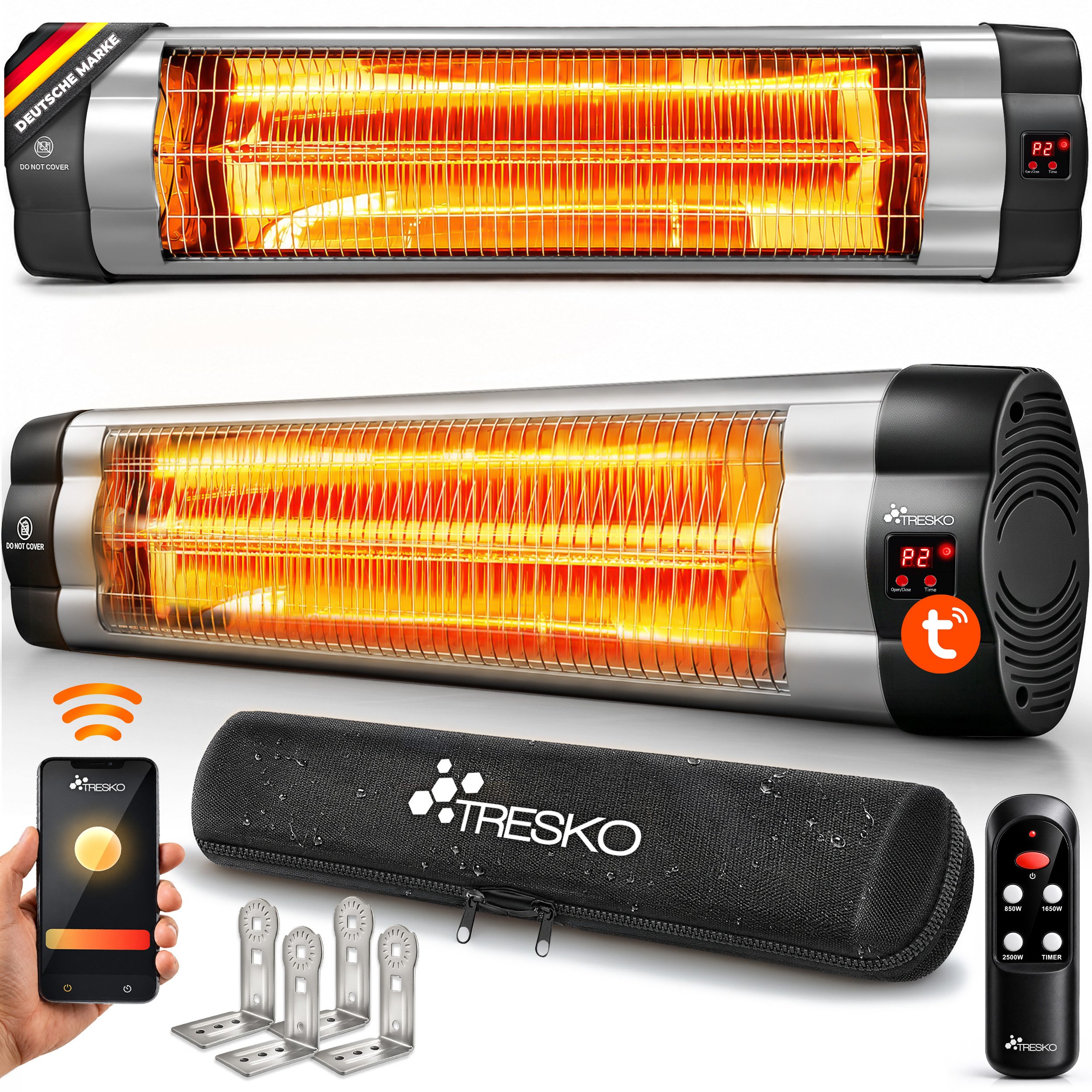 TRESKO Heizstrahler Infrarot Heizstrahler mit Fernbedienung, 3 Stufen & LED Anzeige, 2500 W, Wärmestrahler Wand Terrasse elektrisch Terrassenstrahler