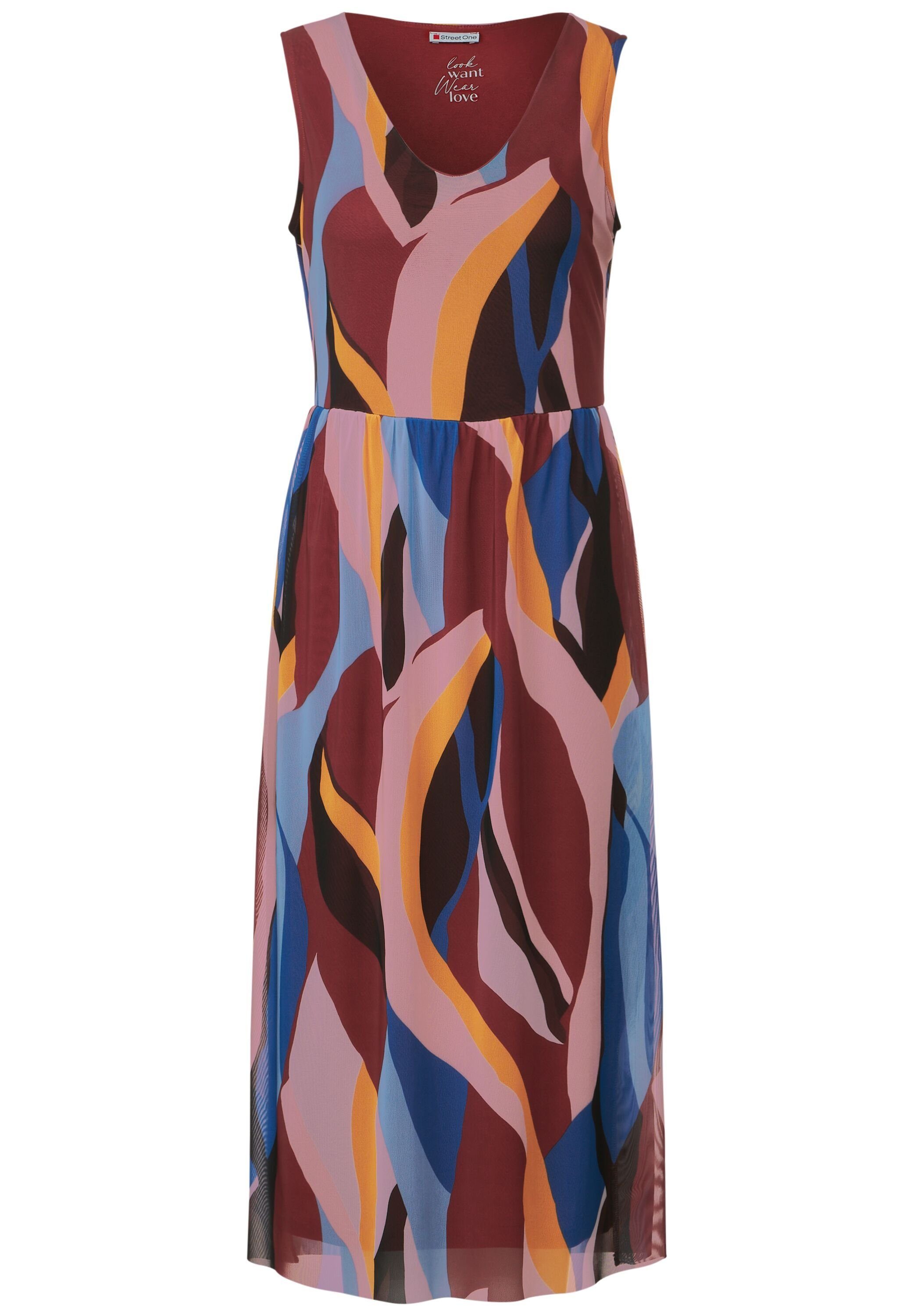 Street One Damen Midikleid Bedruckt – Viskose-Kleid Mit 3/4-Ärmeln & Stoffgürtel – Größe 38