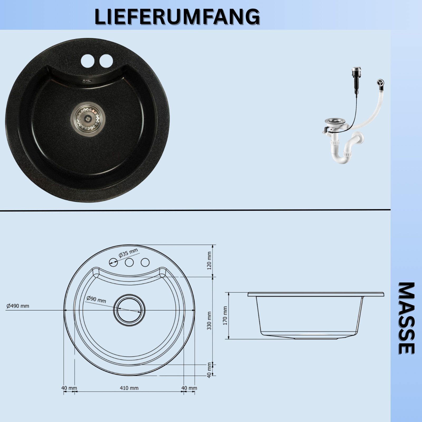 Faizee Home Granitspüle Granitspüle Vela Ø 49cm verschiedene Farben wahlweise Armatur