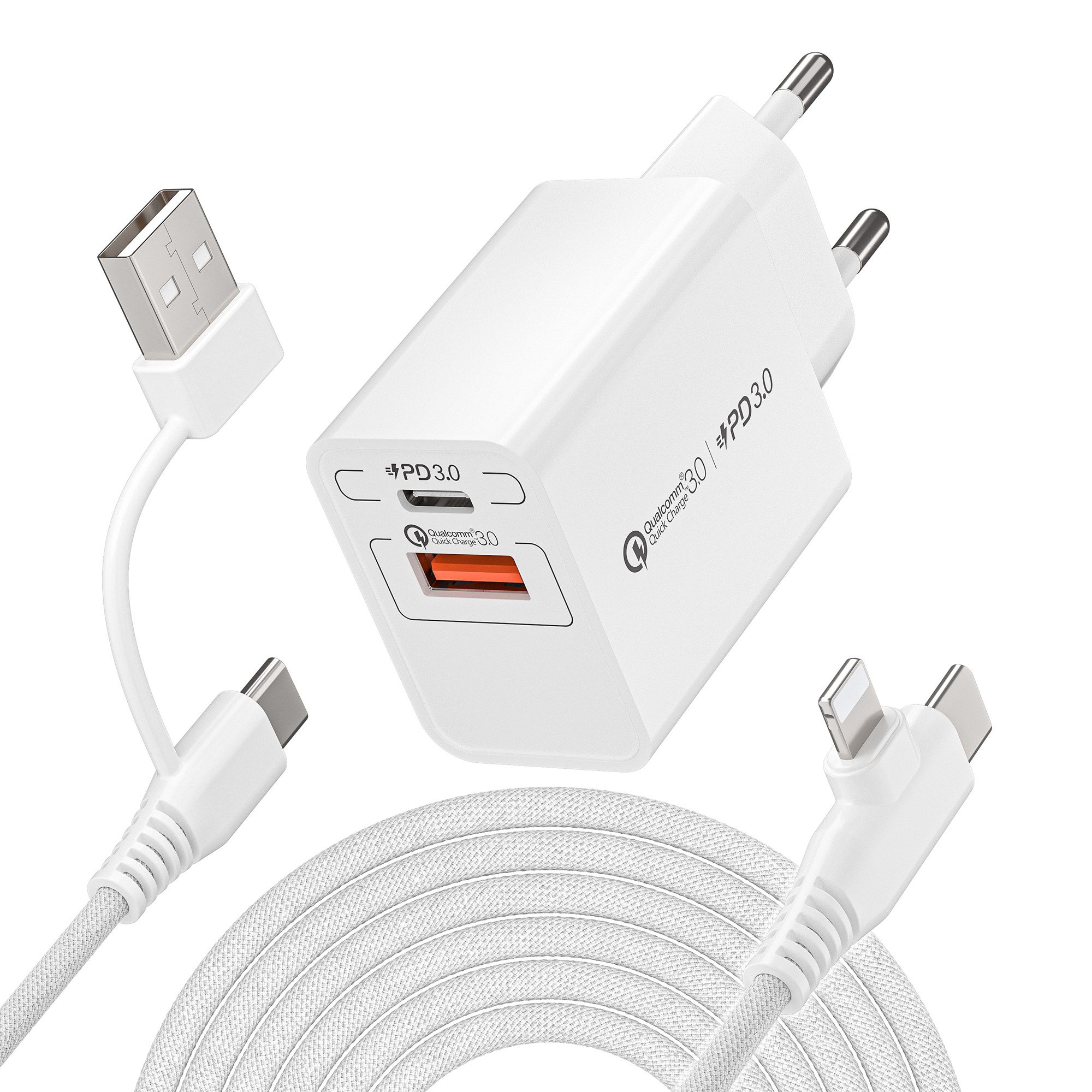 neue dawn 20W USB C Schnell Ladegerät mit kabel für iPhone 17 16 15 14 13 Serie USB-Ladegerät (2-Port, 4 in 1 USB C Kabel (USB-A auf USB C + USB C auf Lightning), Schnellladegerät,für iPhone 17 16 15 Serie,Samsung Galaxy,Google Pixel)