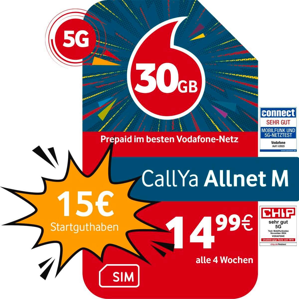 Vodafone Prepaid CallYa M, 30 GB statt 20 GB, 15 EUR Start Prepaidkarte