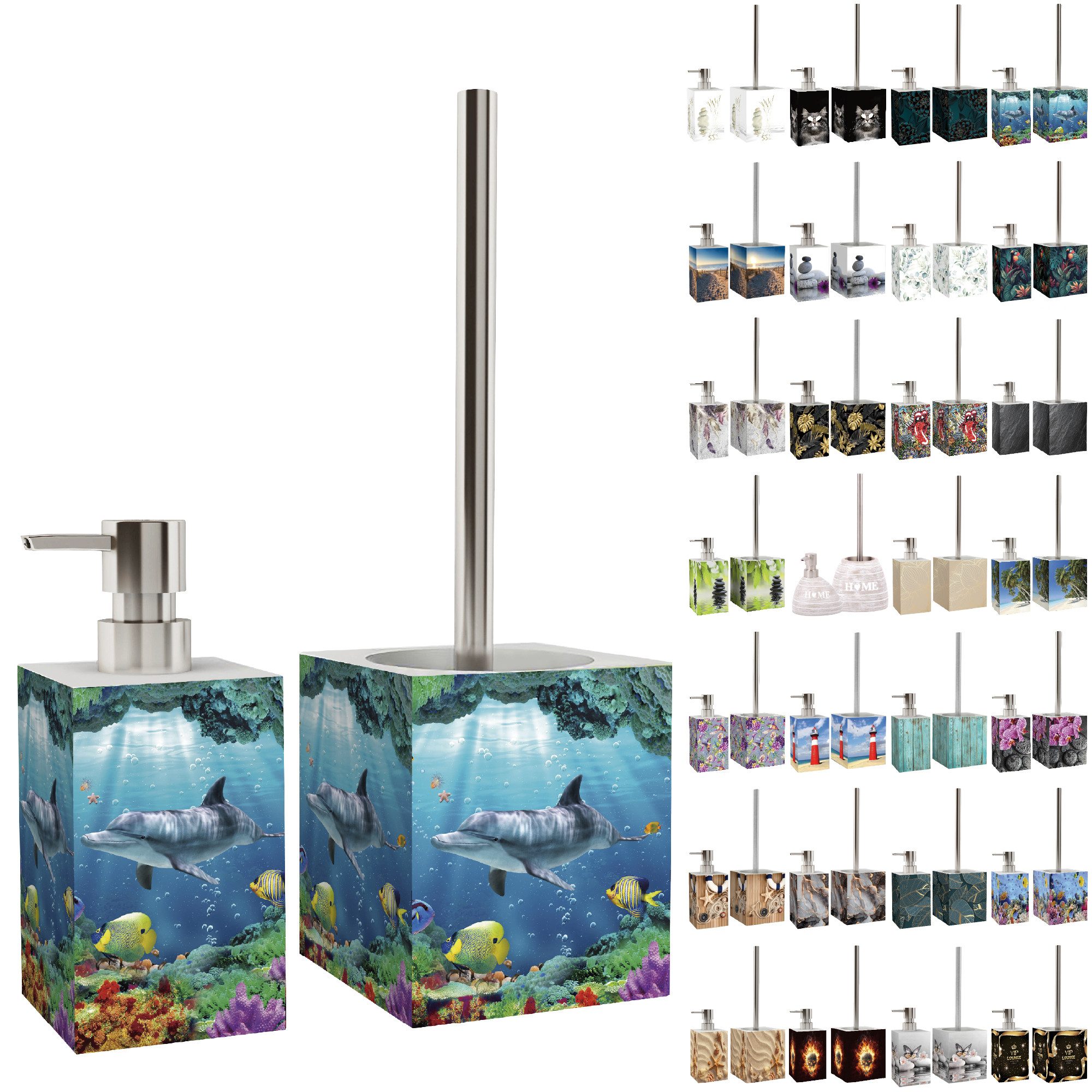 Sanilo Badaccessoire-Set mit Motiv, viele schöne Seifenspender und WC Bürsten zur Auswahl, Klobürste mit auswechselbaren Bürstenkopf, 2 tlg., 2-tlg., Desinfektionsspender mit stabiler Pumpe, hochwertig & modern