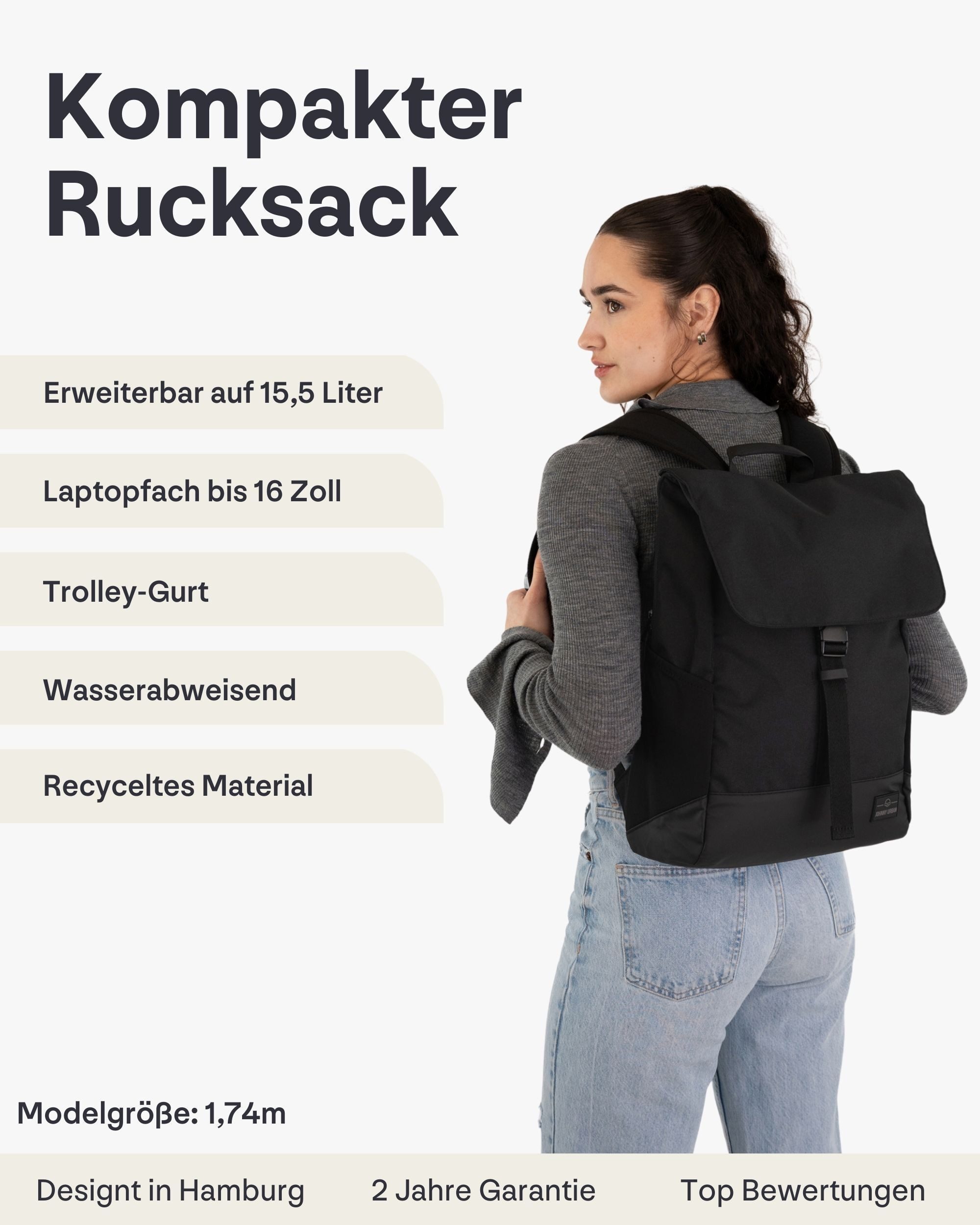 Johnny Urban Cityrucksack MIKA, Rolltop Damen Herren, Laptop Fach (1-tlg), Flexible Größe, Gepolstertes Laptopfach, Wasserabweisend