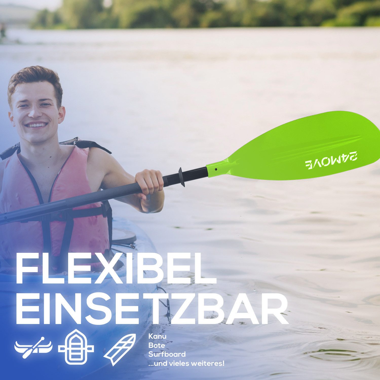 24Move Doppelpaddel, Stand Up Paddle Aluminium SUP-Paddel, (Winkelverstellung, universell einstellbar, verstellbar, 2-teilig, SUP-Paddel), für Paddelboards, Kajakboot und Ruderboot