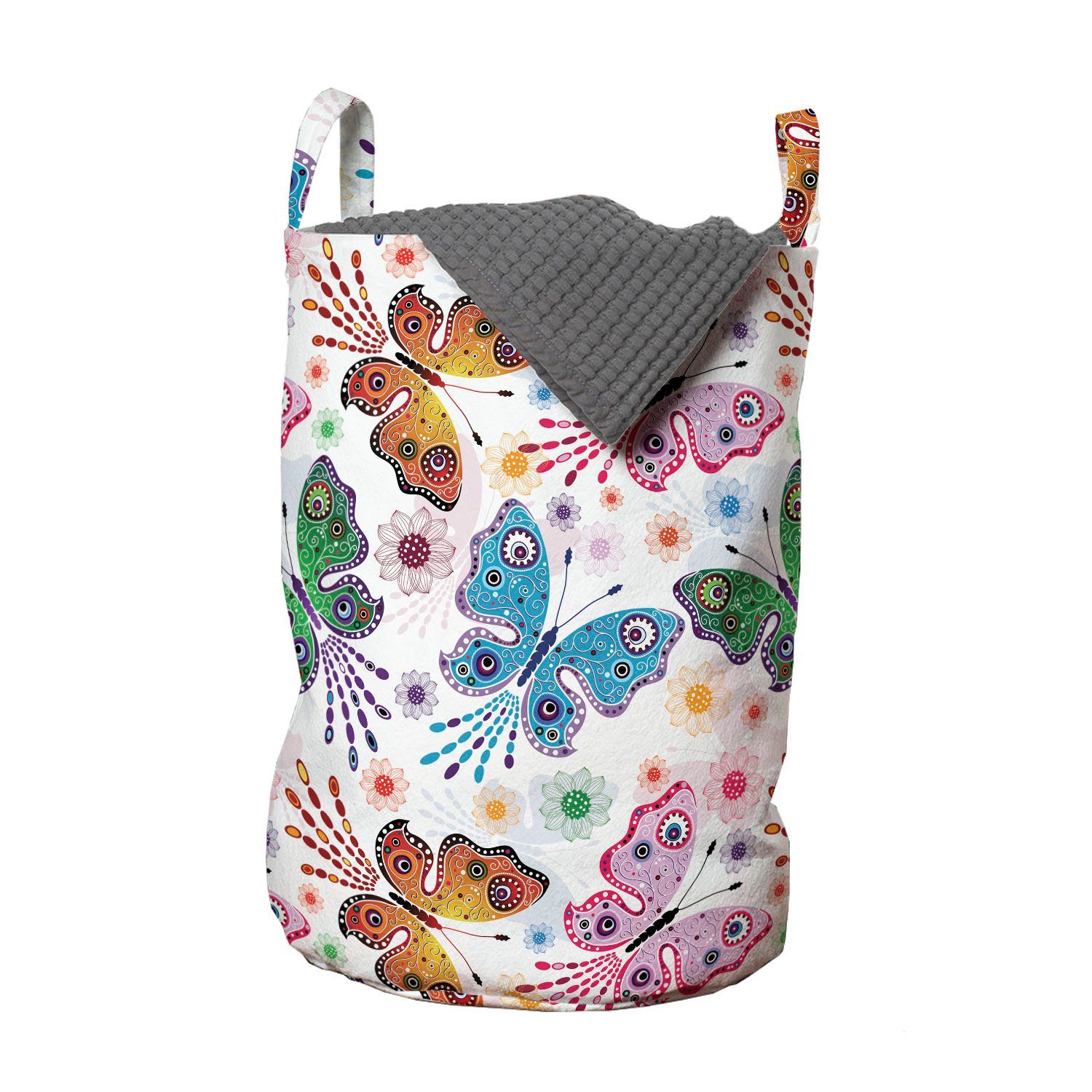 Wäschekorb Abakuhaus Schmetterling Vibrierende mit für Kordelzugverschluss ethnische Wäschesäckchen Griffen Floral Waschsalons,