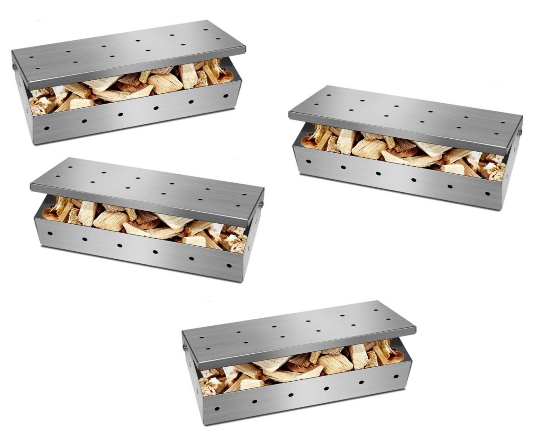 Grillspieß 4 x Räucherbox aus Edelstahl für BBQ, Smokerbox 22x9,5x4,4cm mit
