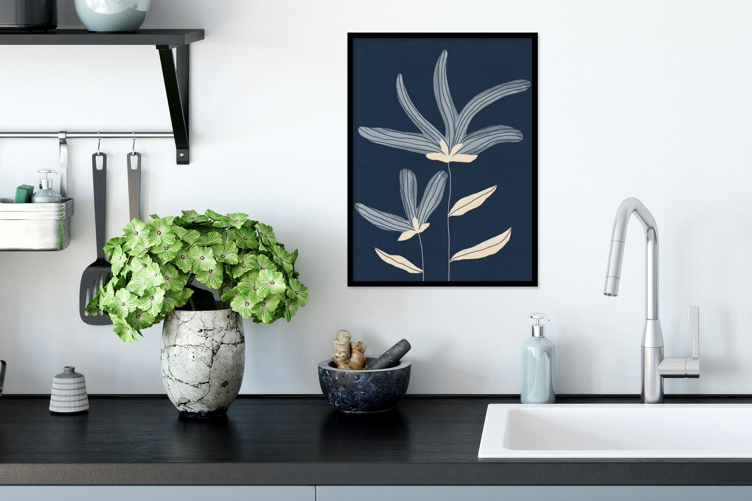 St), (1 - mit Kunstdruck, Bilderrahmen Gerahmtes MuchoWow Pflanzen Natur, Rahmen, - - Schwarzem Poster Blumen Blau Poster,