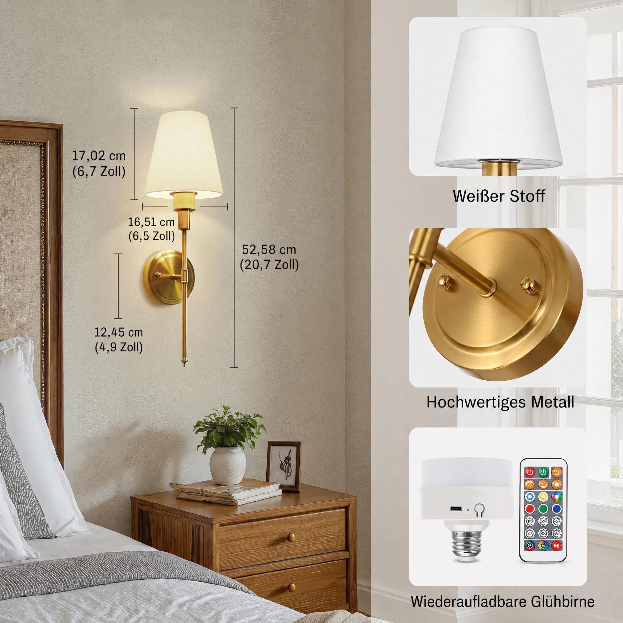 LOHAS-LED Wandleuchte 2er-Set kabellose Wandlampen mit Stoffschirm, RGBCW dimmbar, LED wechselbar, warmweiß, kaltweiß, wechselbare RGB-Farbtöne, Wiederaufladbar mit IR-Fernbedienung & Timer