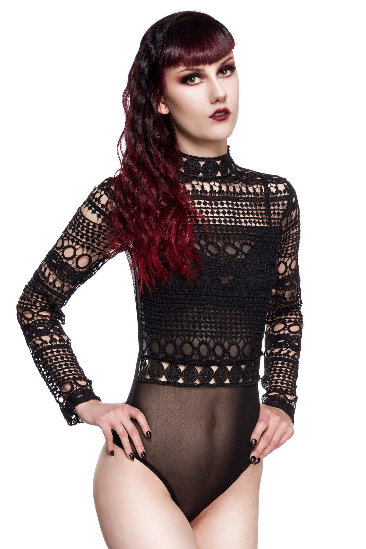 Ocultica Stringbody Schwarzer Frauen Langarm Body aus Spitzenstoff mit Ornamenten mit Druc