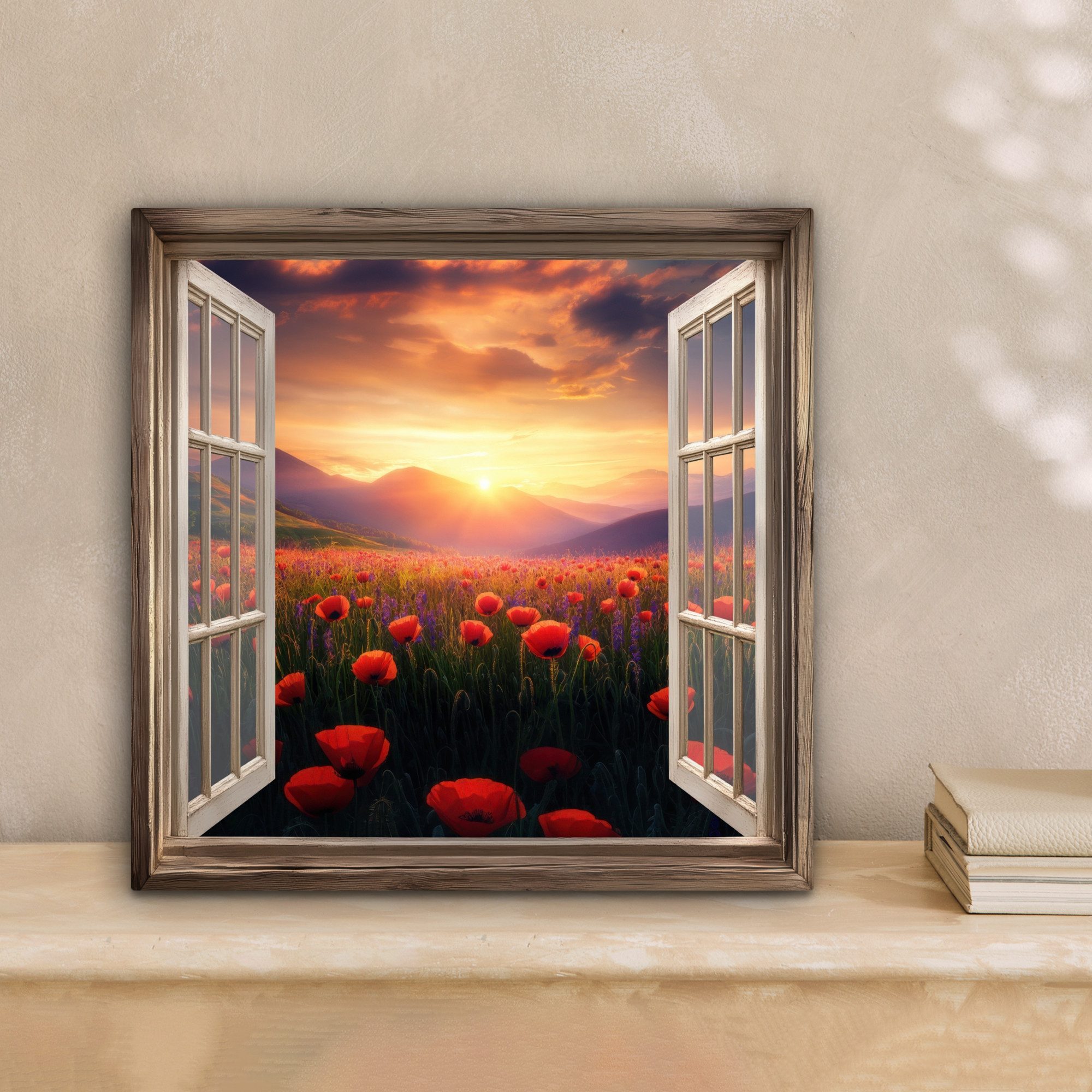 OneMillionCanvasses® Leinwandbild Fensterblick - Fenster - Mohnblumen - Blu günstig online kaufen
