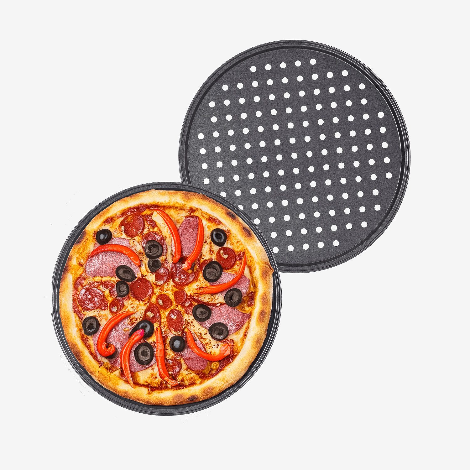Morleos Pizzablech 2x Pizzablech 32 cm gelocht rund bis 250 °C Pizza Backblech