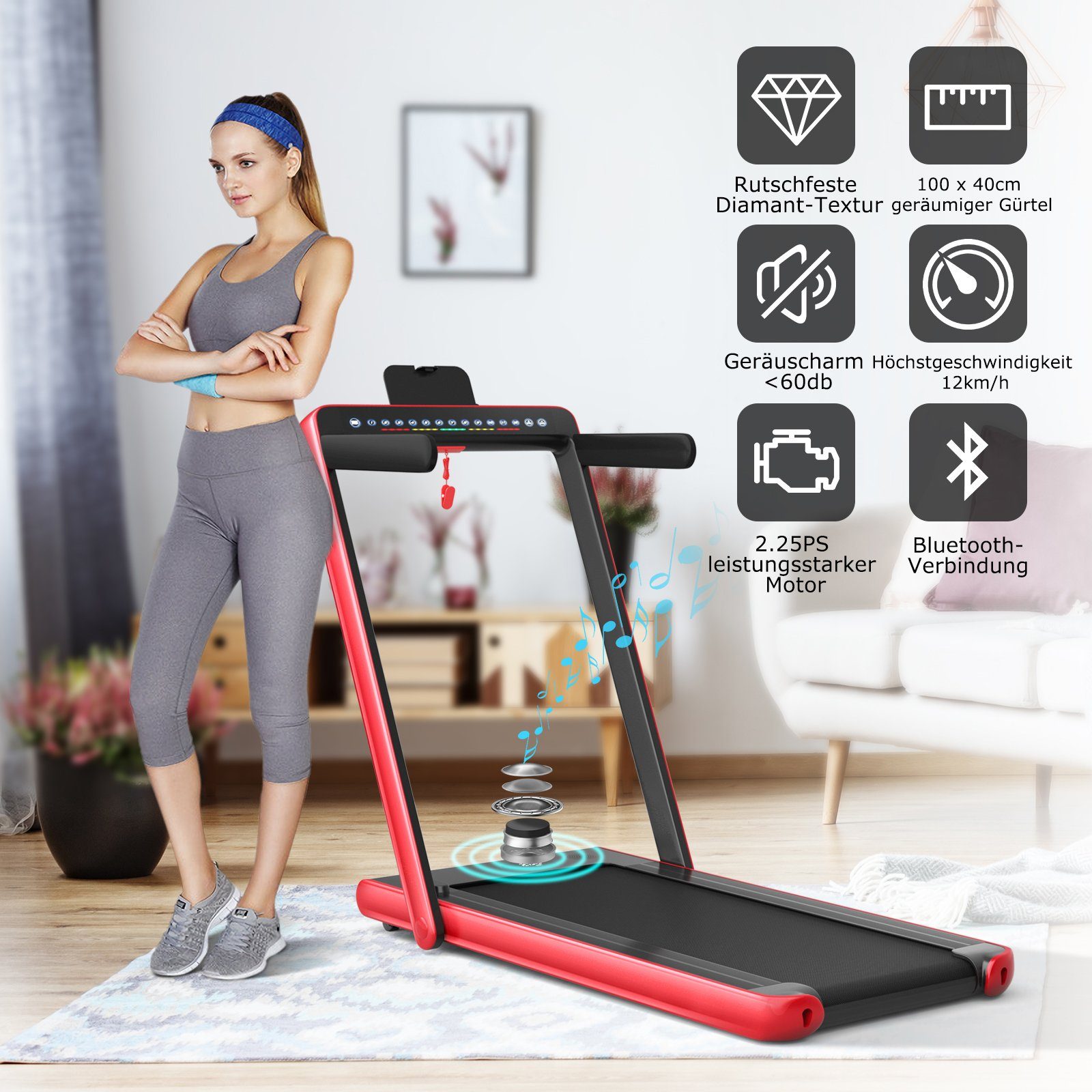 COSTWAY Laufband 2 in 1 APP, 12 1 LED, mit - rot klappbar Heimtrainer, km/h