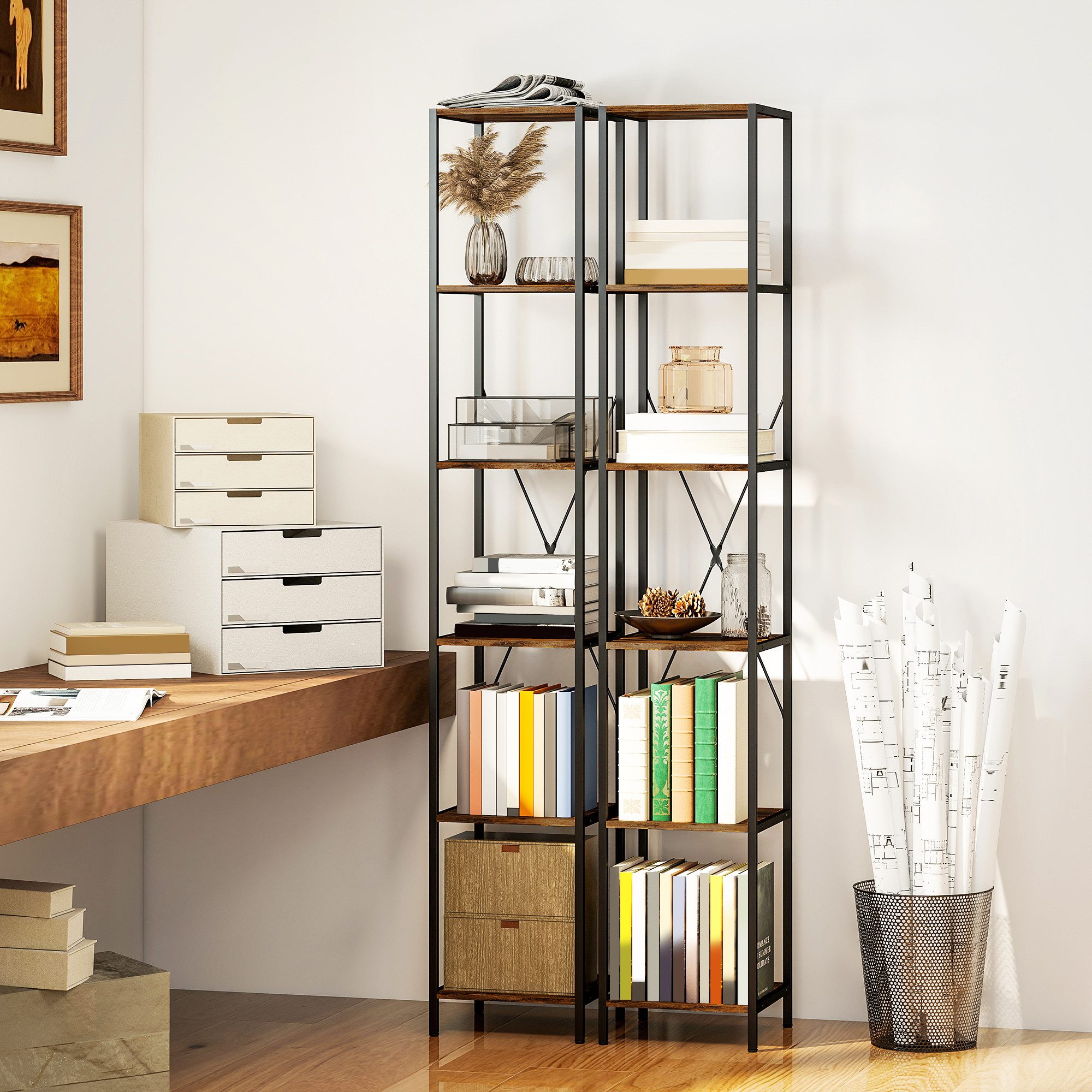 HOMCOM Bücherregal Regal mit 6 Ebenen, Industrial Dekoregal, Homeoffice, Standregale 2-tlg., für Wohnzimmer, Schlafzimmer, Rustikal-Braun