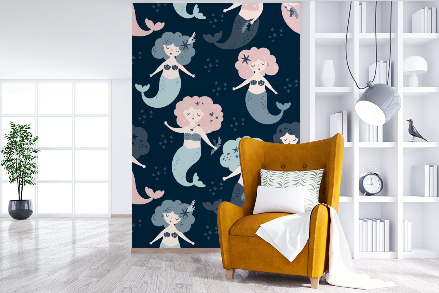 Wohnzimmer, - für Meerjungfrau bedruckt, (3 Matt, Wandtapete Sterne, Tapete MuchoWow Vinyl Fototapete - Muster Montagefertig St),