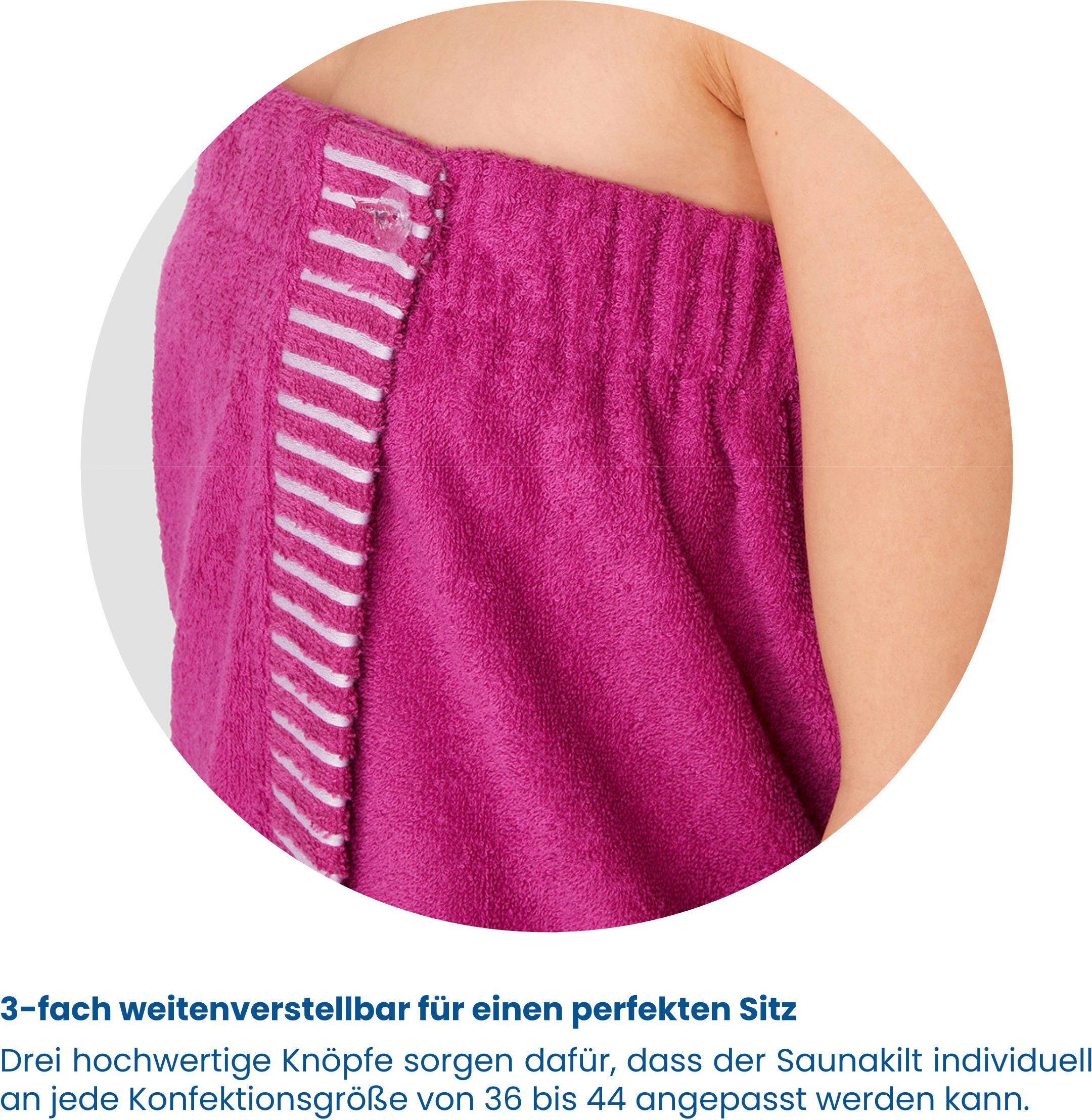 Knöpfe, aus Frottier, Schiesser Streifen-Akzent Pink Kurzform, und Saunakilt für Sarong mit Rom Logostickerei Damen Baumwoll-Frottier, saugstarkem