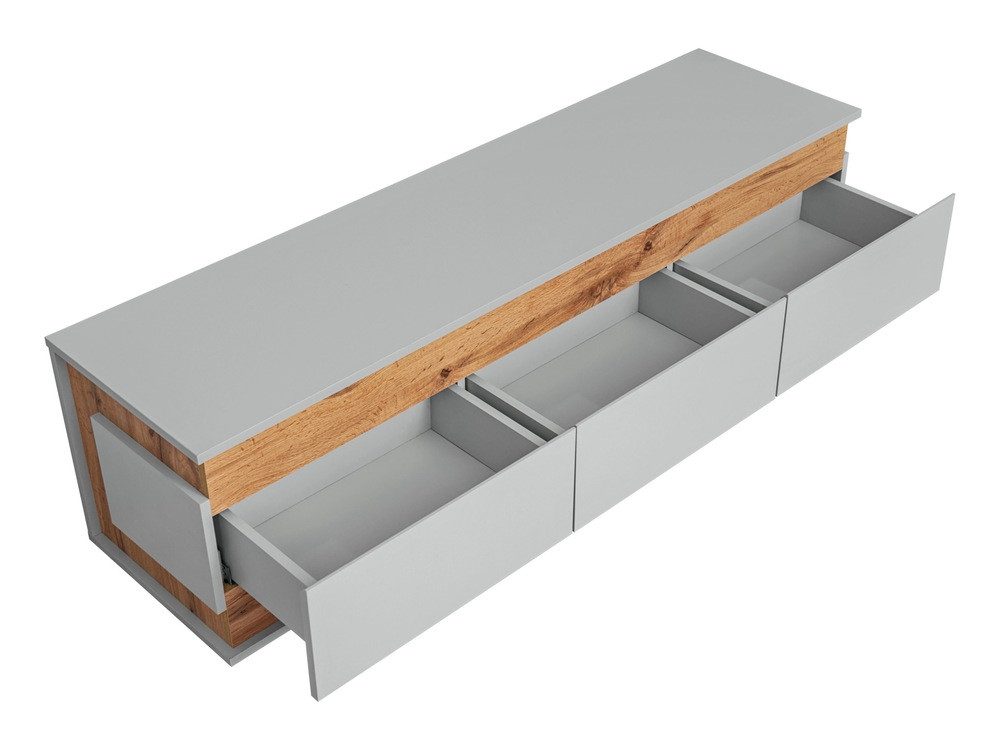 99rooms Lowboard Vanessa Hellgrau/ Eiche (TV-Kommode, TV-Schrank, Fernsehschrank), mit 3 Schubladen, viel Stauraum, stehend, aus Holzwerkstoff