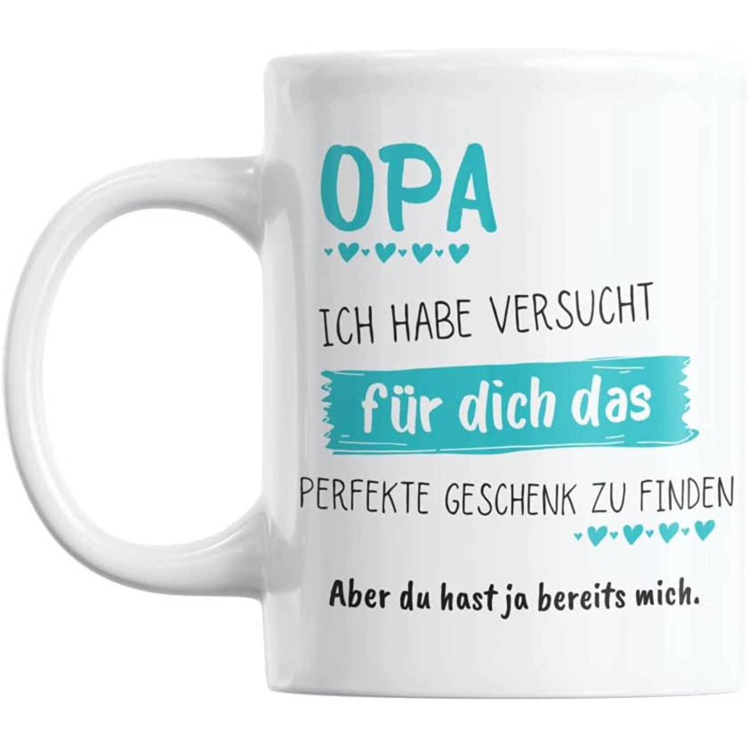 Geschenkehöhle Tasse in reinem Weiß mit Spruch "Ich habe das perfekte Geschenk für dich", 330 ml Fassungsvermögen ideal für Kaffee, Tee oder andere Heißgetränke