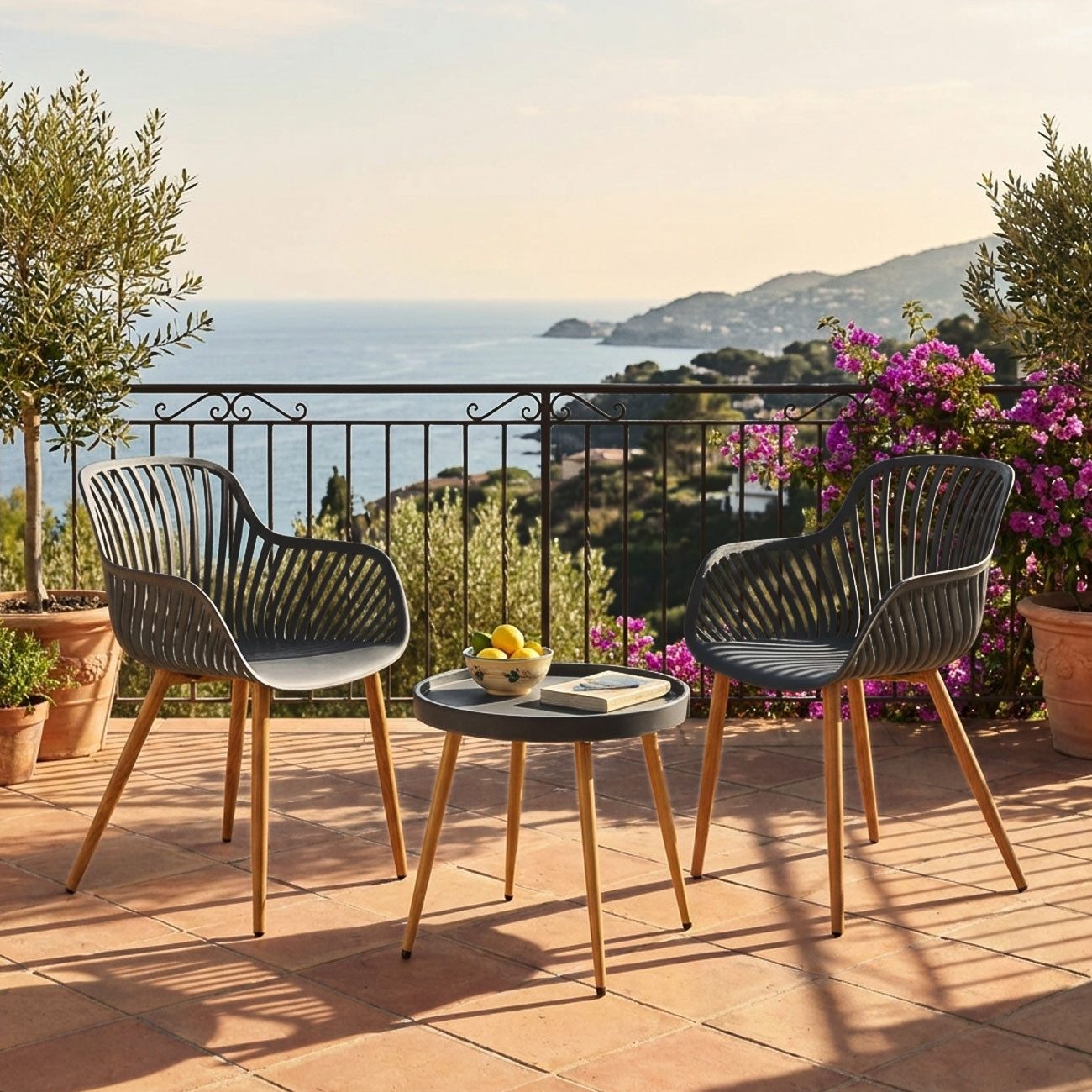 Progarden Sitzgruppe Modernes Bistro-Set 3-tlg: Graue Garten-Sitzgruppe für den Balkon, (3-tlg), Nachhaltig und umweltfreundlich