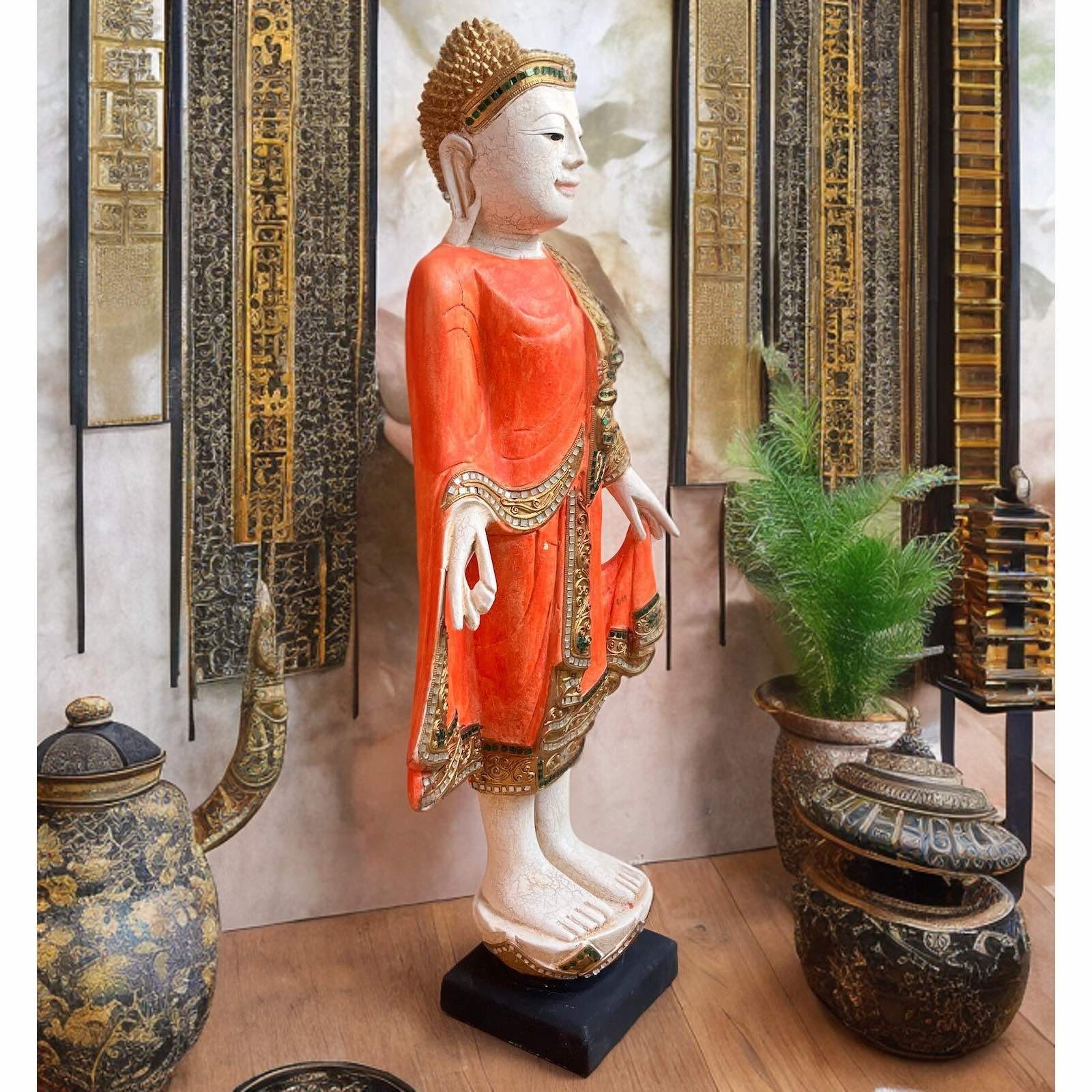 Asien LifeStyle Buddhafigur Holz Thailand Buddha Statue groß 80cm