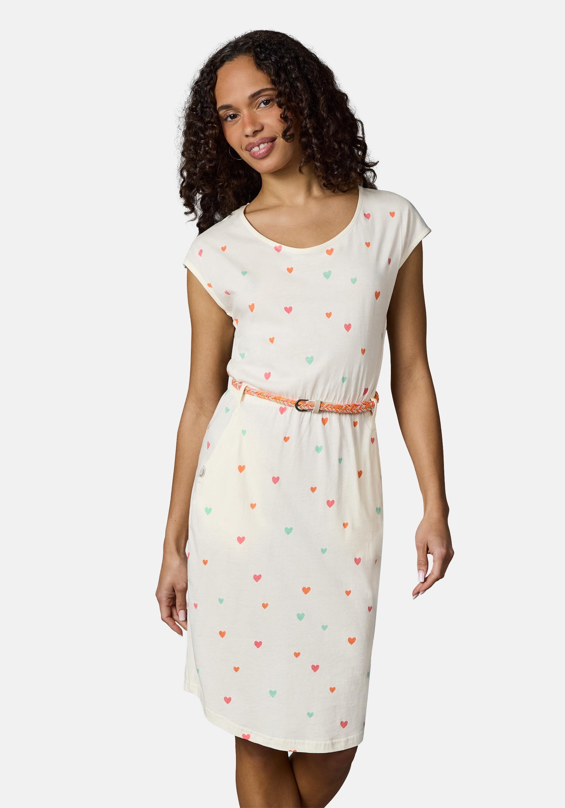 Ragwear Shirtkleid Lilithe Hearts YOUMODO Sommerkleid mit Herzchen-Print und Flechtgürtel