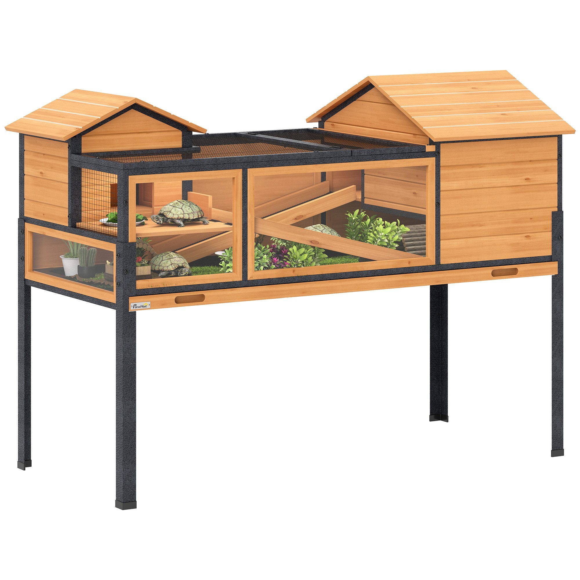 PawHut Kleintierstall mit 2 Räume, 2 Stockwerke, Fenster, Rampen, für Schil günstig online kaufen