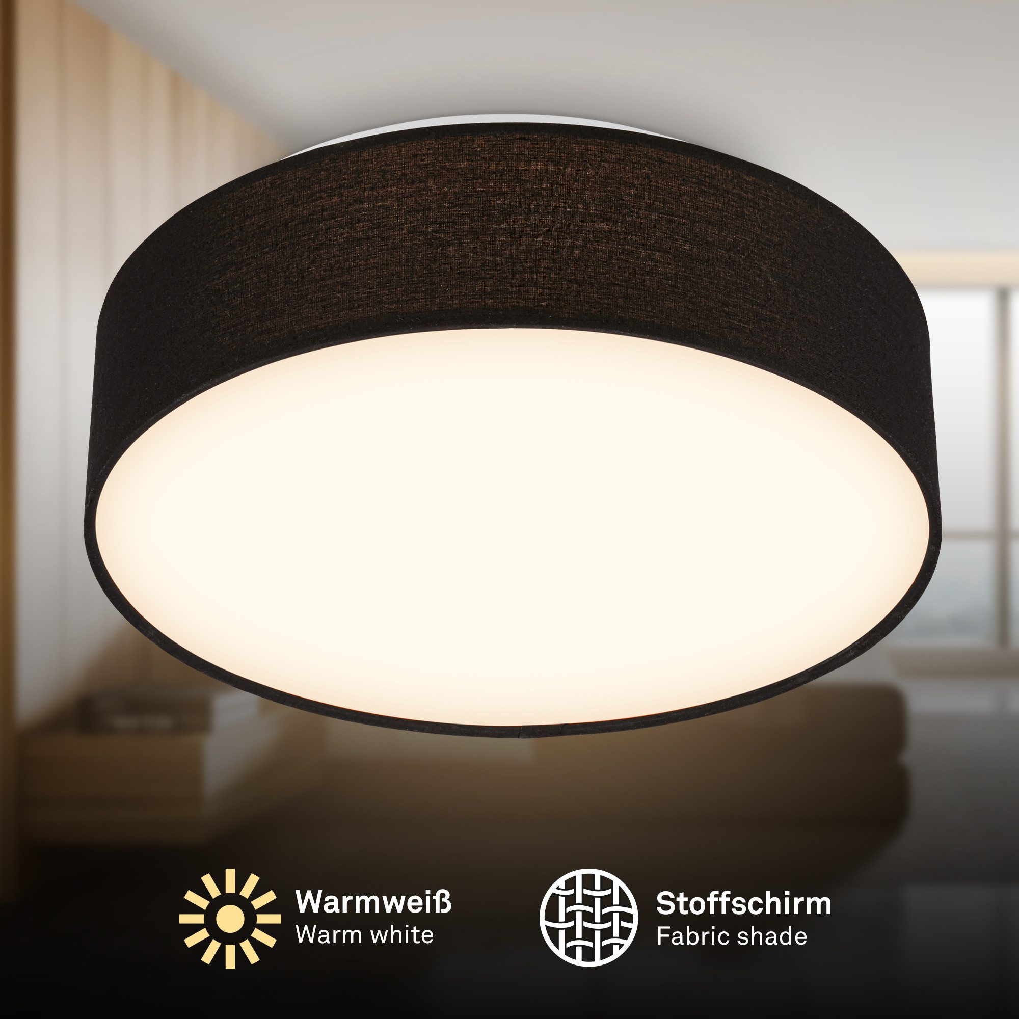 Briloner Leuchten LED Deckenleuchte Stoff-Deckenlampe Textillampe Stoffschirm Wohnzimmer Schlafzimmer, LED fest integriert, 3000K, 30/38x10,5 cm, Wohnzimmer, Schlafzimmer, Flur, Küche