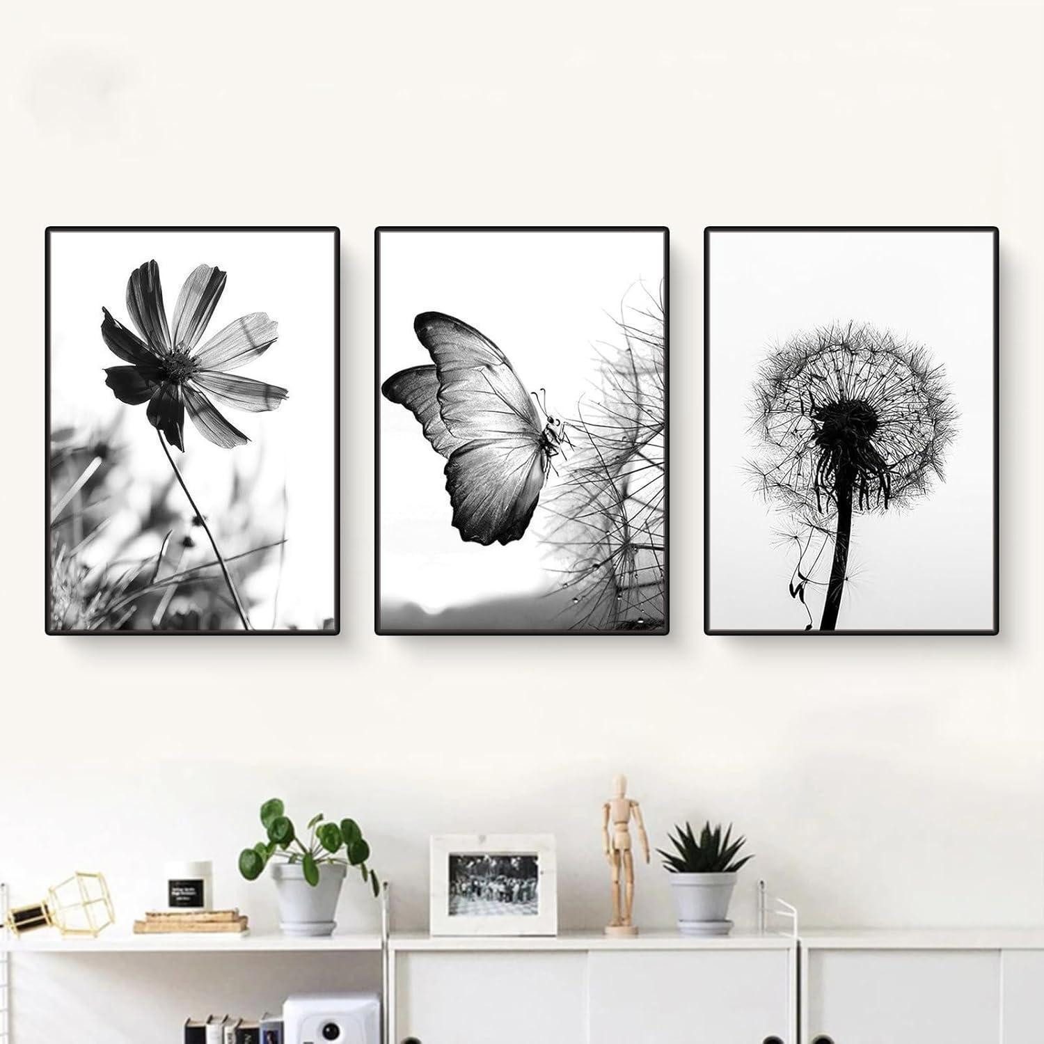 Martin Kench Poster 3er Poster Set Schwarz-Weißer Schmetterling Blume Löwenzahn - Modernes