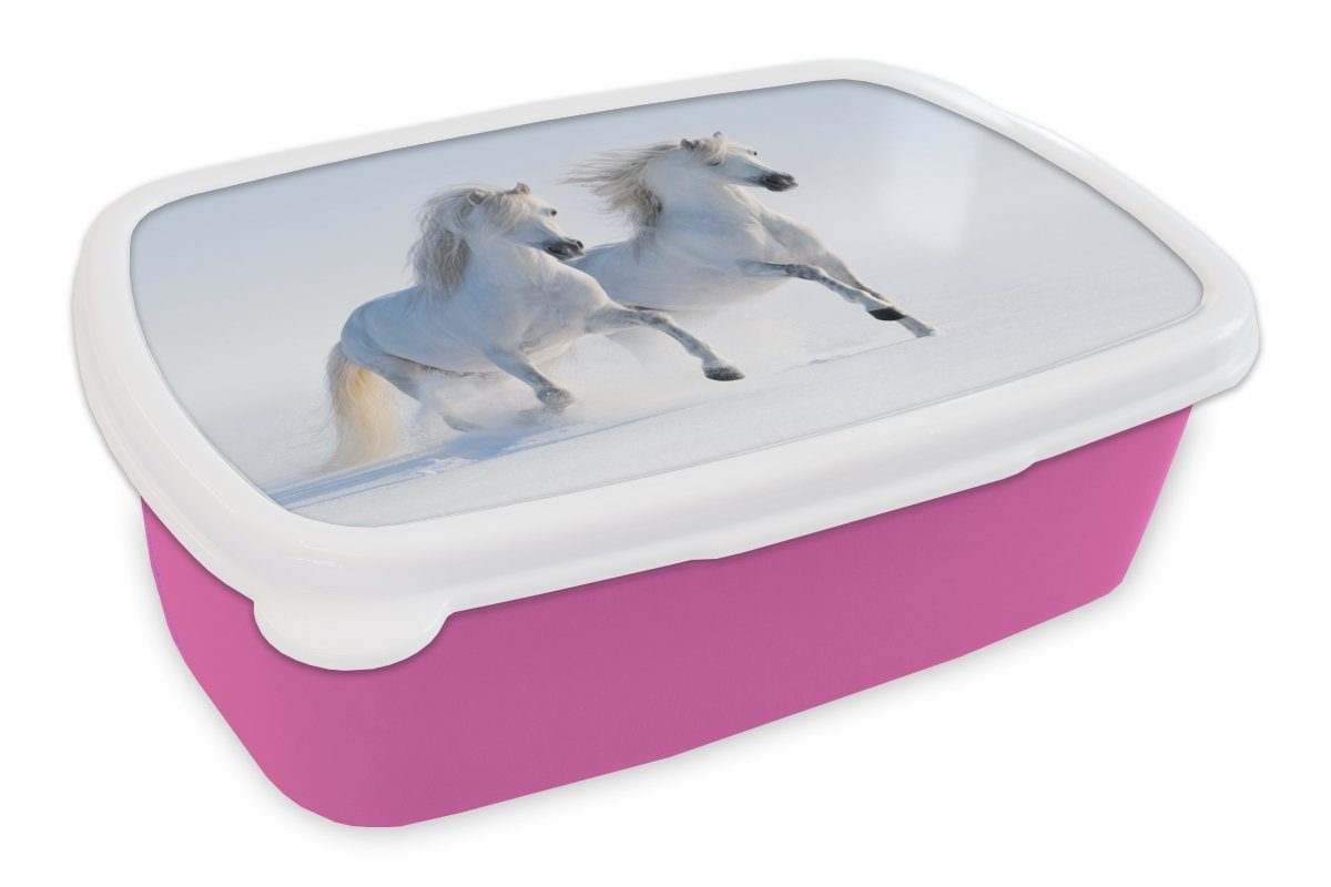 MuchoWow Lunchbox Winter - Pferde - Schnee, Kunststoff, (2-tlg), Brotbox für Erwachsene, Brotdose Kinder, Snackbox, Mädchen, Kunststoff rosa