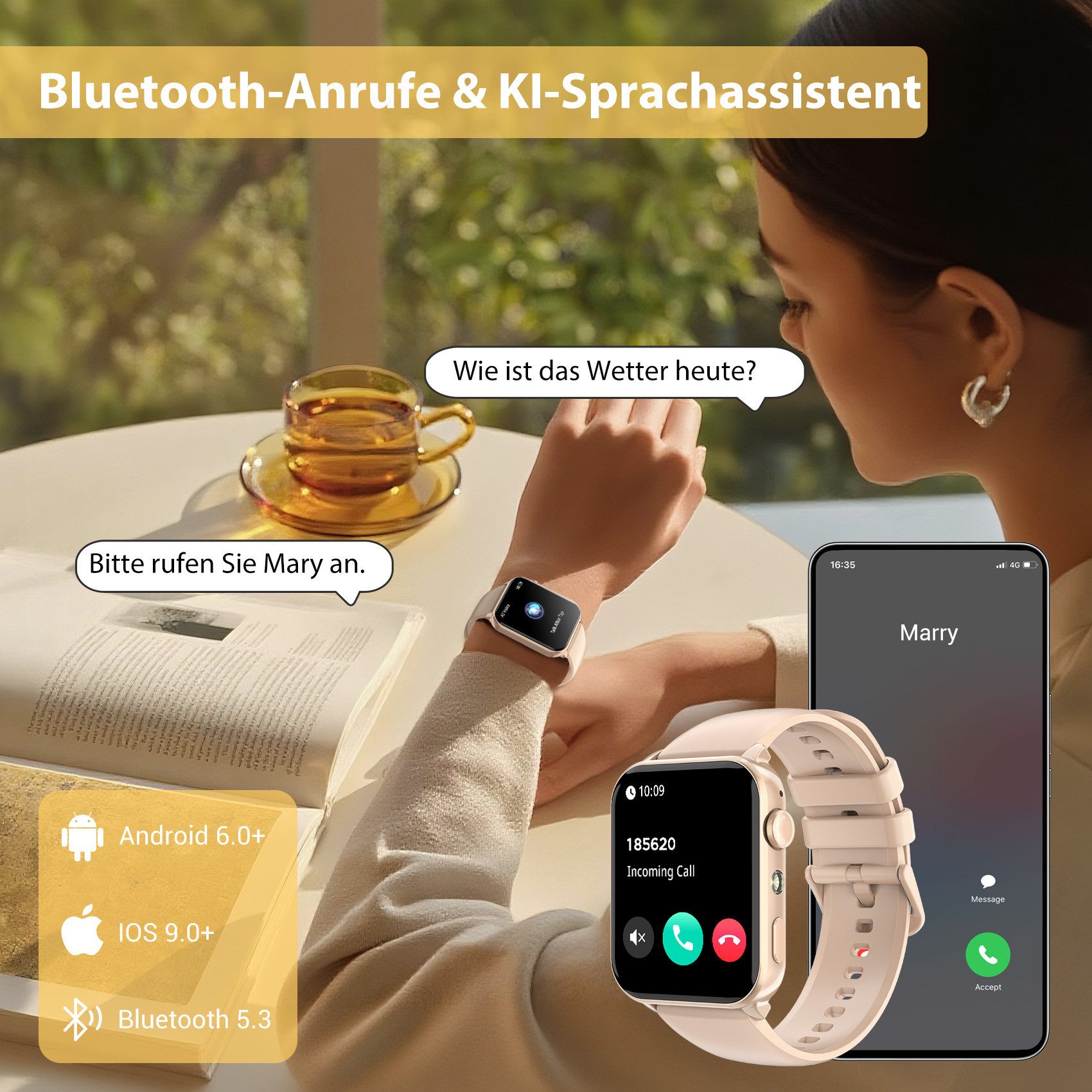 blackview Smartwatch Herren Damen, LED-Leuchte, 350mAh (6 Tage), 2 Armbänder Smartwatch (1.91 Zoll, iOS/Android), mit Wechselband aus weichemSilikon und Ladekabel, Antwort & Anruf tätigen,Herzfrequenz,Schlafmonitor,SpO2,Schritten,IP68