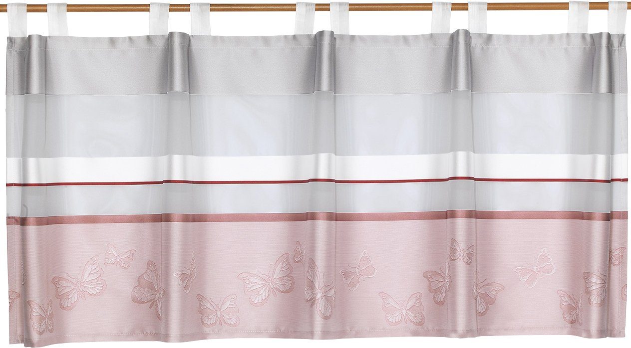 EXPERIENCE Scheibengardine Scheibengardine Küchengardine Schlaufengardine 2289 Weiß Rosa 50 x 140 cm Schmetterlinge (1 St), Schlaufen, halbtransparent, Eine Polyesterqualität bezeichnet eine Chemiefaser, bei der es sich um ein sehr pflegeleichtes Material handelt. Die Ware ist sowohl formbeständig als auch strapazierfähig. Außerdem läuft sie nicht ein und hat eine hohe Lichtbeständigkeit., mit 10 Schlaufen