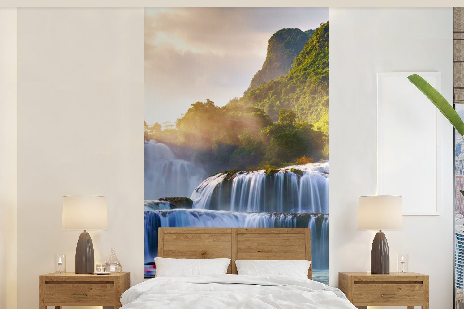 Wohnzimmer für Wasser Wasserfall Schlafzimmer - Sonne - - Fototapete Küche, - Pflanzen MuchoWow Natur, Fototapete Matt, (2 Vliestapete St), bedruckt,