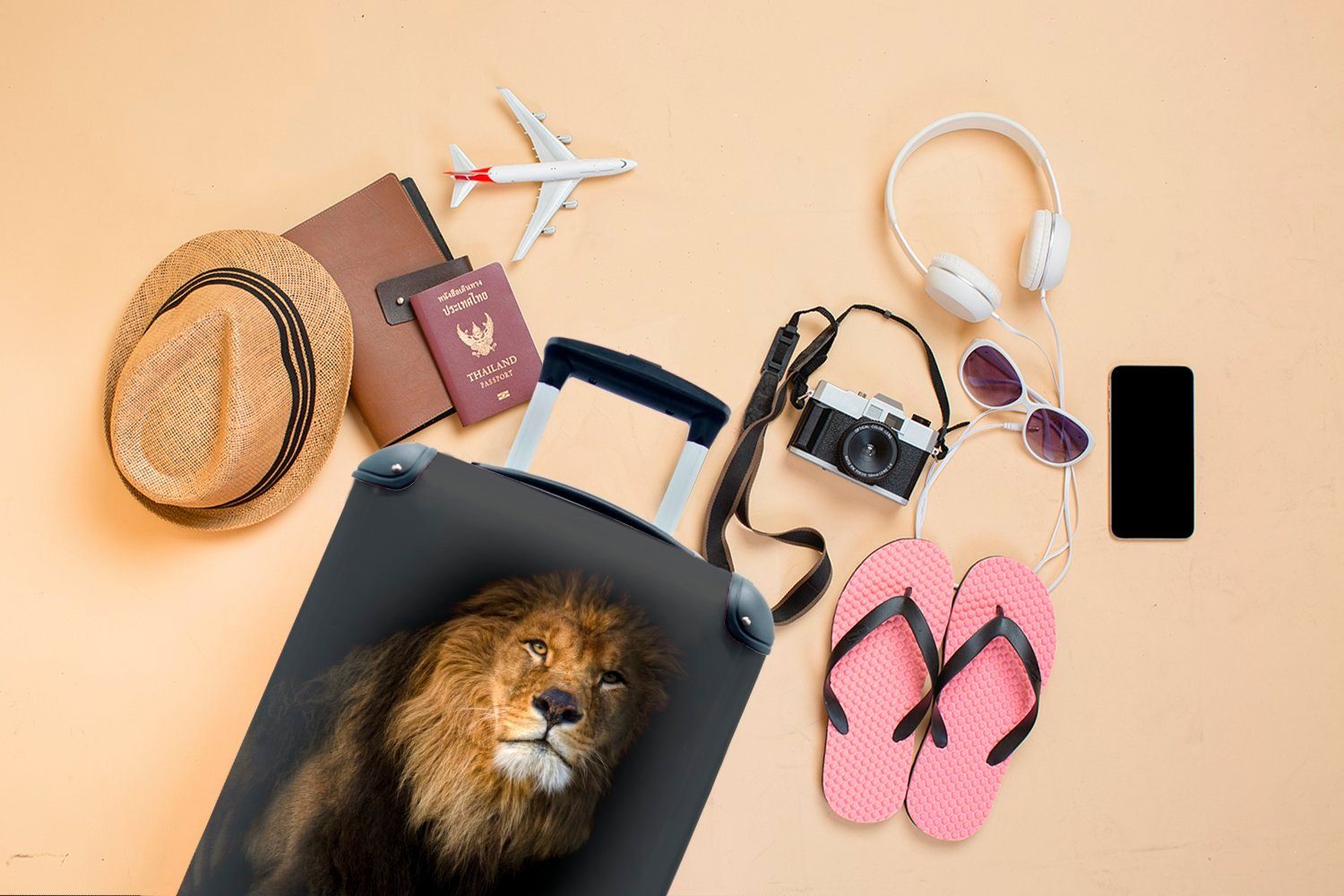 Hintergrund, Rollen, Reisetasche Trolley, Close-up-Porträt mit Löwen schwarzem Reisekoffer mit MuchoWow für Ferien, rollen, 4 eines Handgepäck Handgepäckkoffer