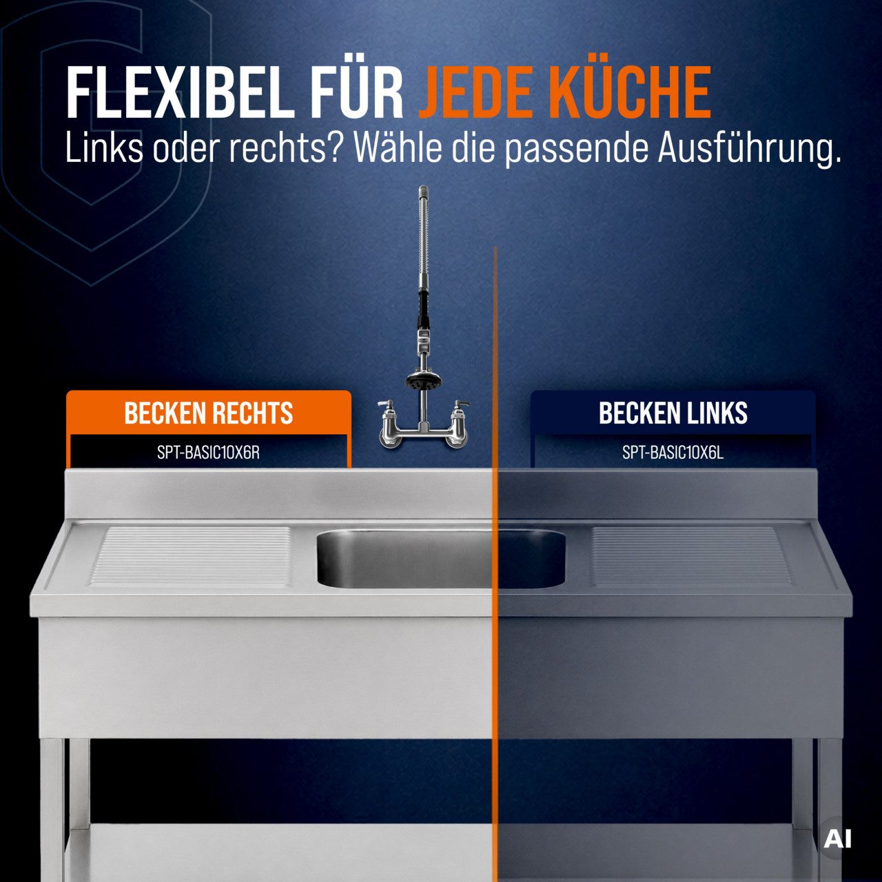 GastroHero Arbeitstisch Spültisch 100x60 cm - Edelstahl mit Becken - Gastro - Spüle, AISI201-Edelstahl, Grundboden, nach Hygienerichtlinien produziert – Bild 4 von 5