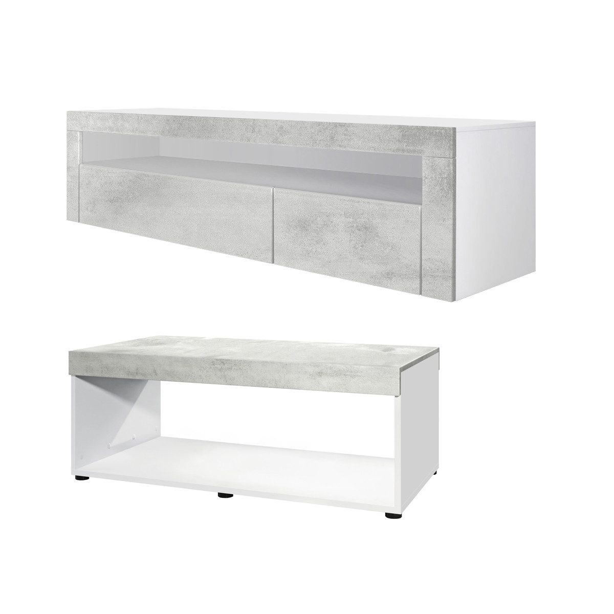 Vladon Wohnwand Berlin, (Wohnzimmer-Set, bestehend aus 1 TV Board und 1 Couchtisch), Weiß matt/Beton Oxid Optik