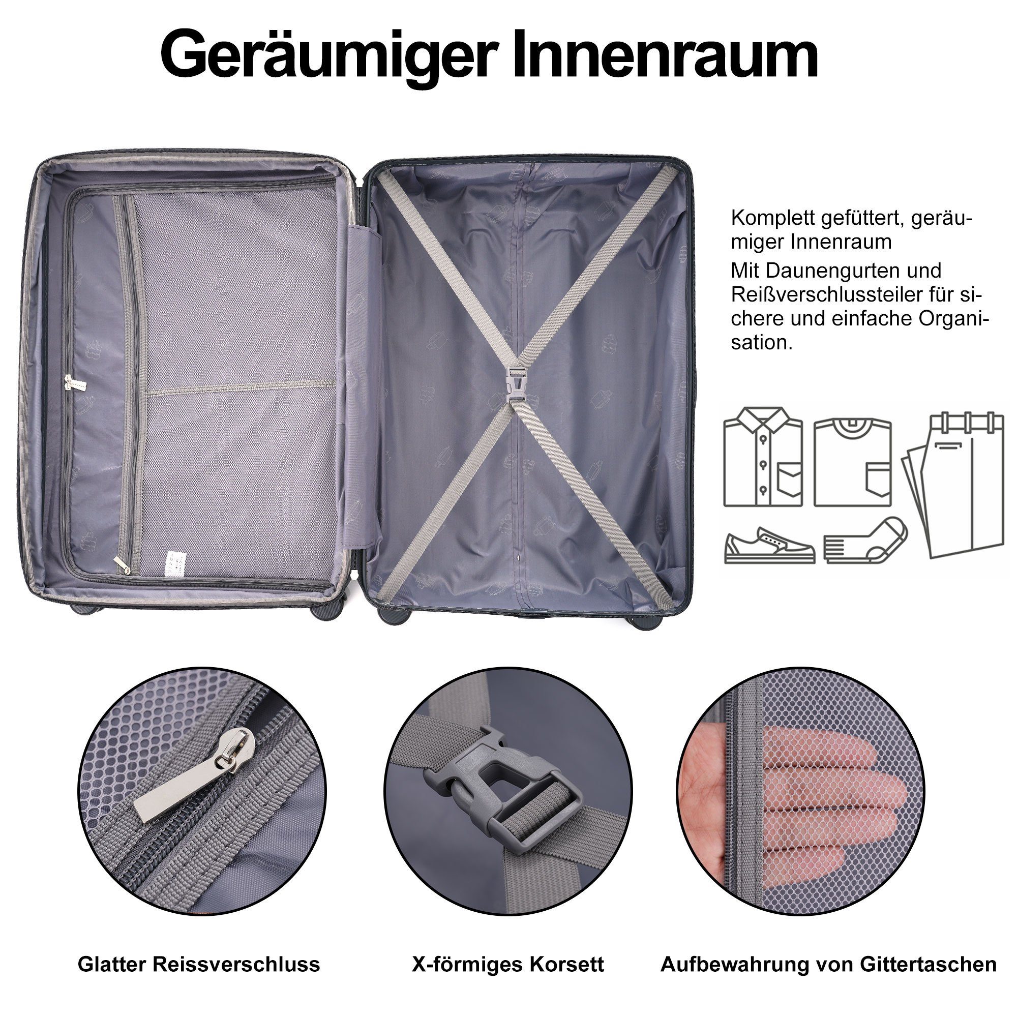 Flieks Hartschalen-Trolley, 4 Rollen, Handgepäck Trolley Hartschalenkoffer Reise, Erweiterung, TSA-Schloss
