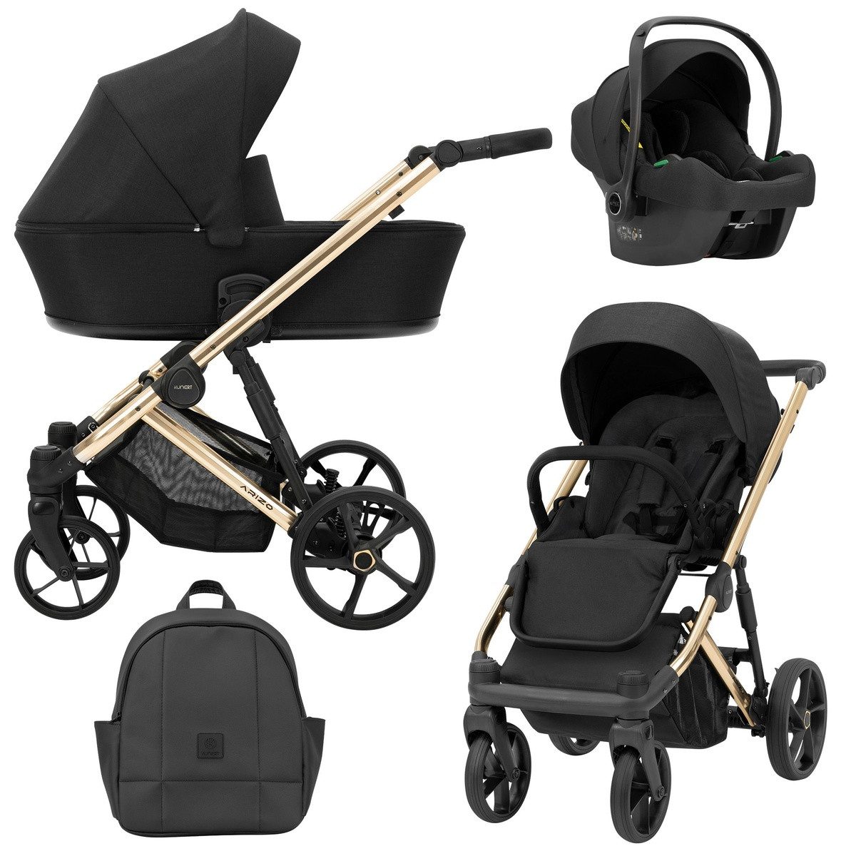 KUNERT Kombi-Kinderwagen ARIZO PREMIUM 3in1 Kinderwagen mit goldenem Gestell und Zubehör, Leichter Aluminiumrahmen, verstellbare Rückenlehne
