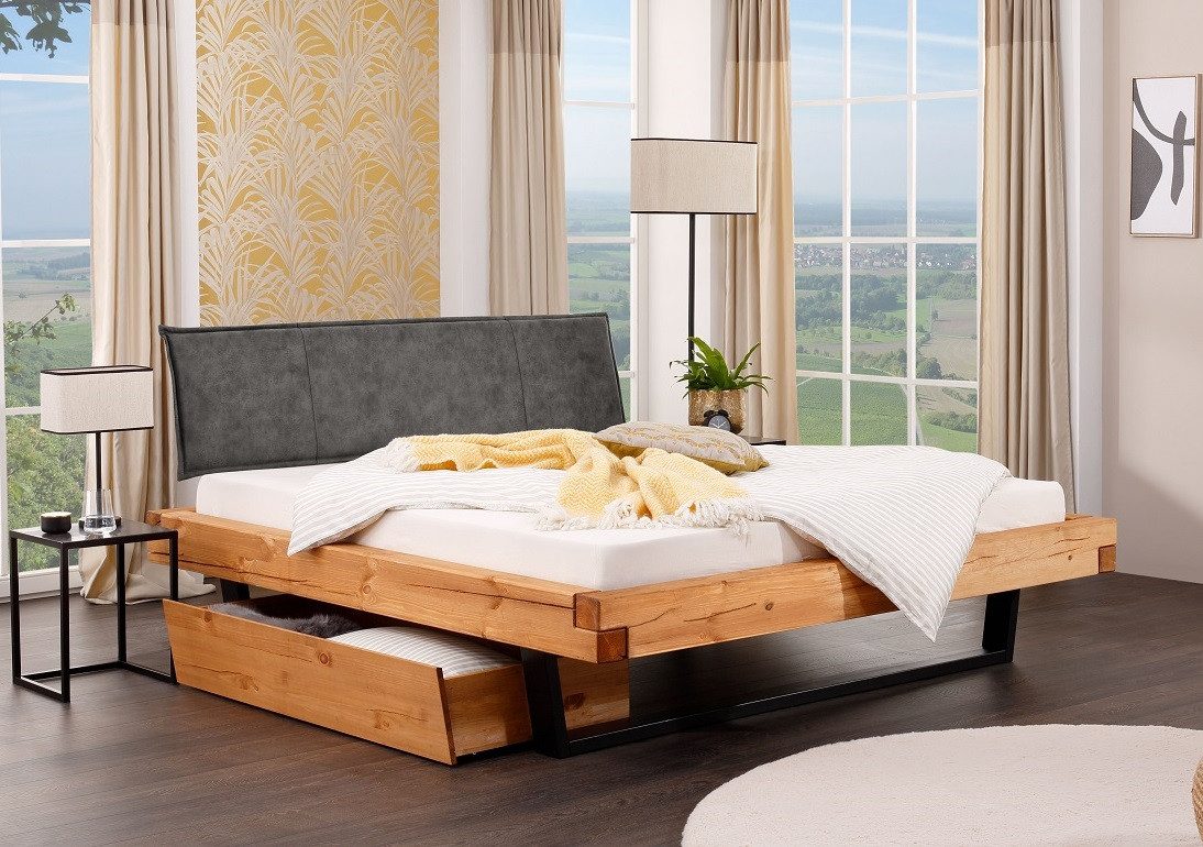 Main Möbel Massivholzbett Balkenbett mit Bettkästen 'Nicole' 200x200cm Kiefer massiv eichefarbig