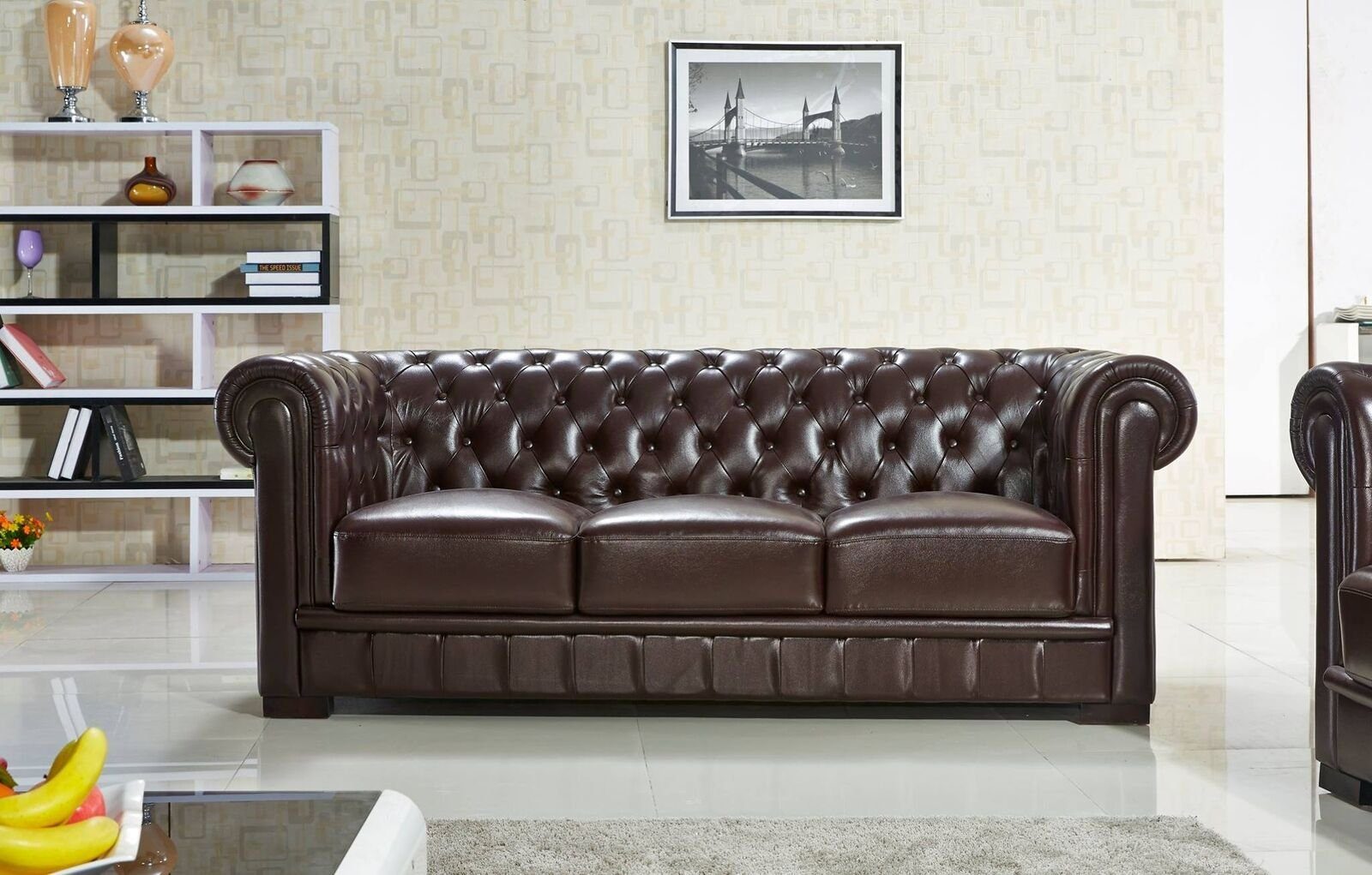 Polster Braun Teile, Sofort, Sofa Dreisitzer 1 Leder 3er 100% Europa in Design Couch JVmoebel Made Chesterfield-Sofa